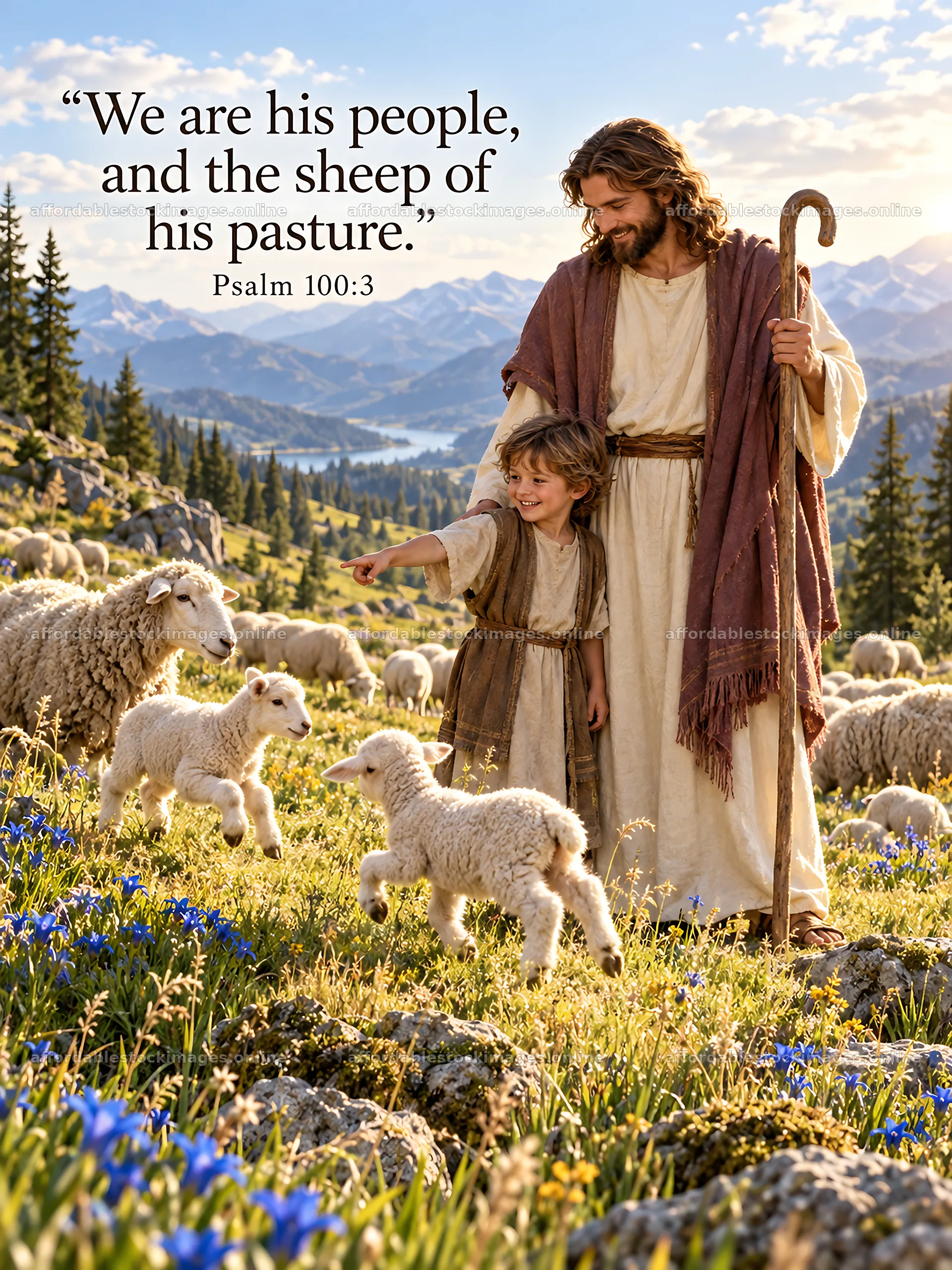Jesus Christ with children and sheep in a pastoral setting – stock images 6708x8945