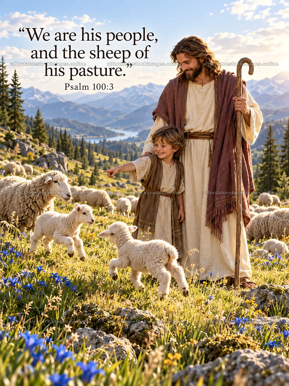 Jesus Christ with children and sheep in a pastoral setting – stock images 6708x8945