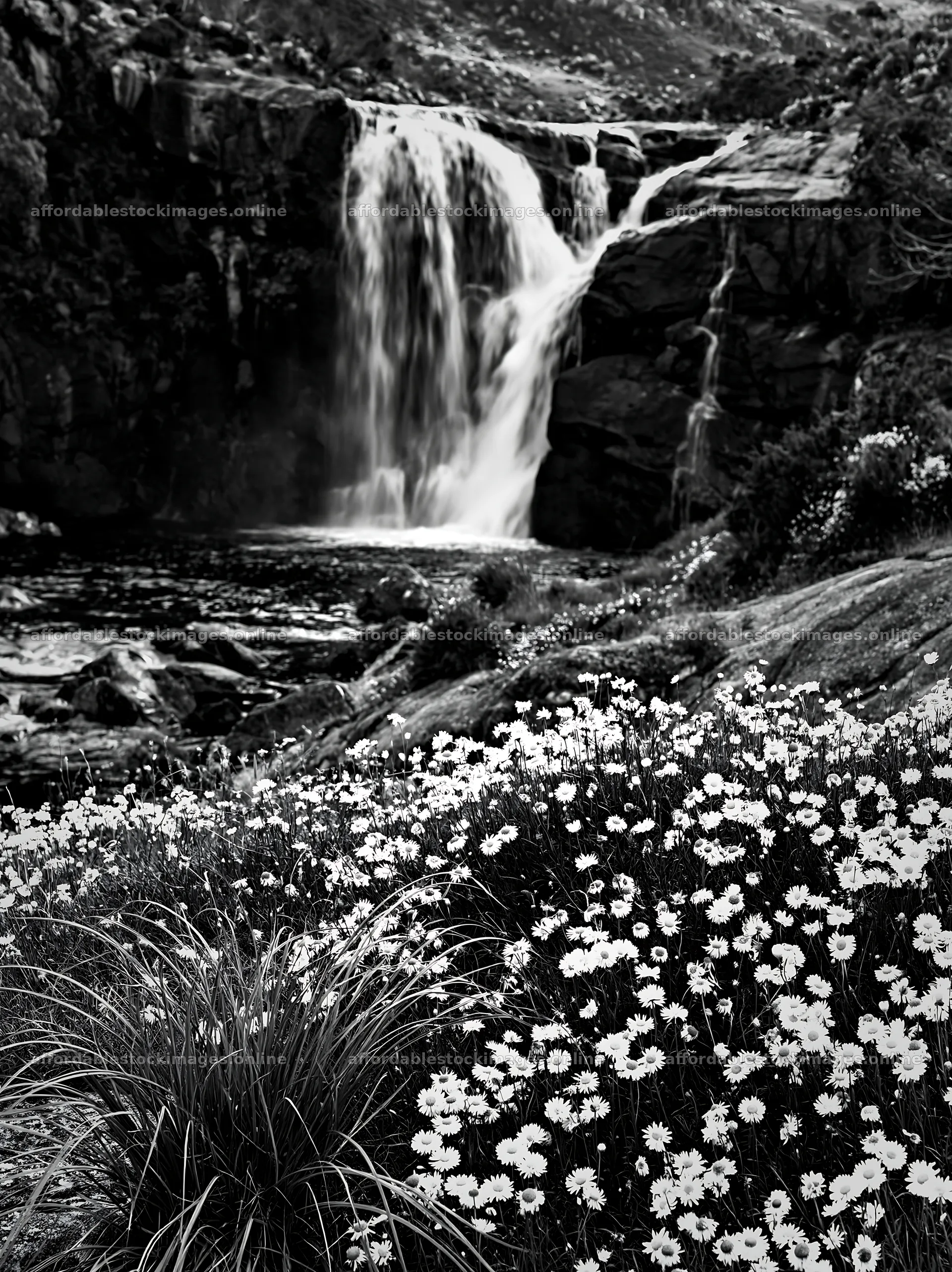 White wildflower meadow near waterfall in natural setting – stock images 6866x9174