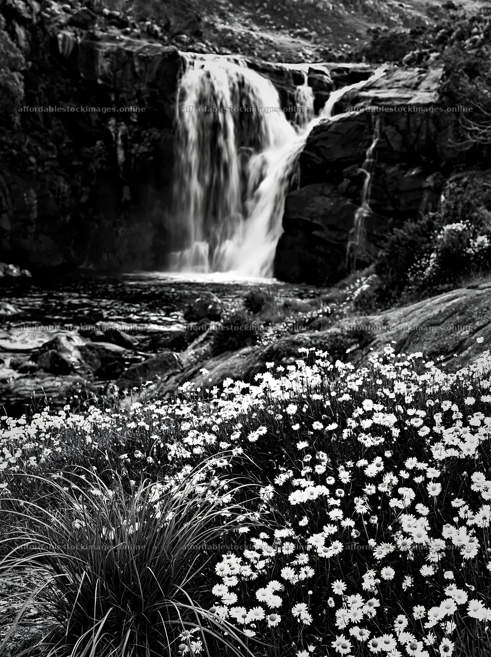 White wildflower meadow near waterfall in natural setting – stock images 6866x9174