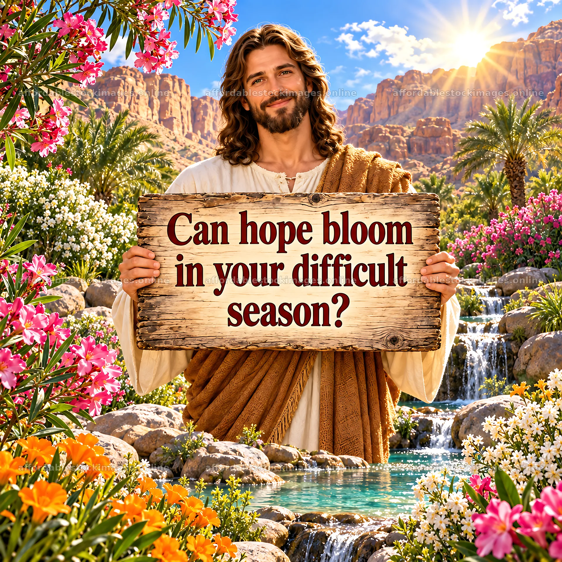 Jesus Christ holding a sign about hope in a vibrant garden – stock images 7746x7746