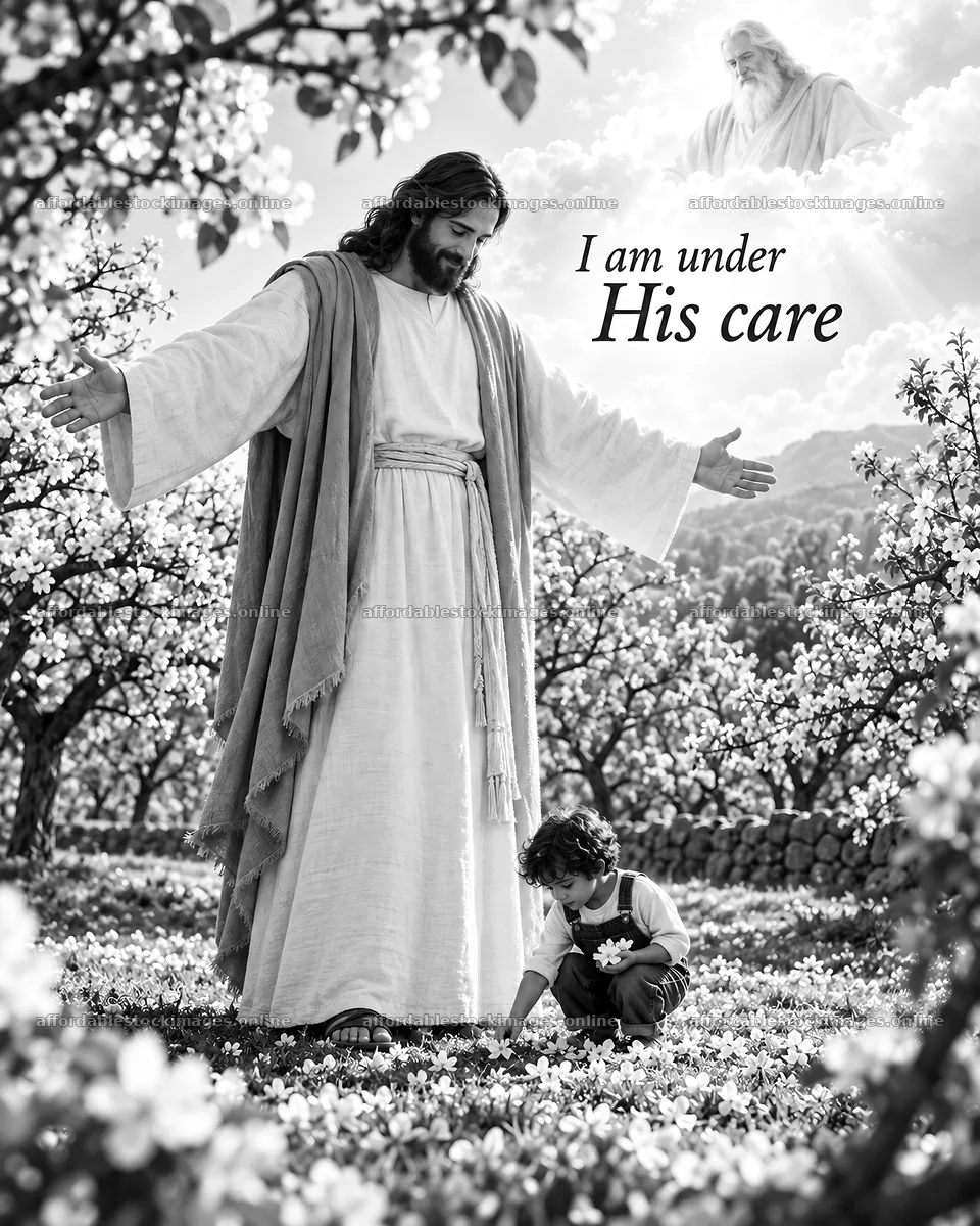 Jesus Christ comforting a child in a blooming orchard – stock images 6930x8659