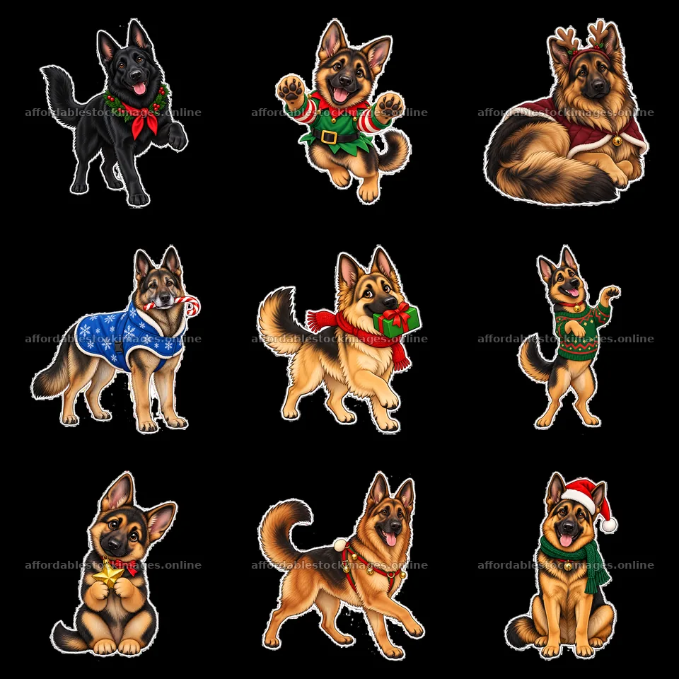 Christmas-themed German Shepherd cartoon stickers in a 3x3 – stock images 7746x7746