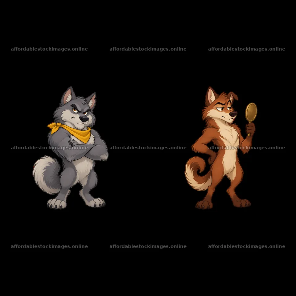 Grumpy wolf characters with expressions and accessories in pair – stock images 7746x7746