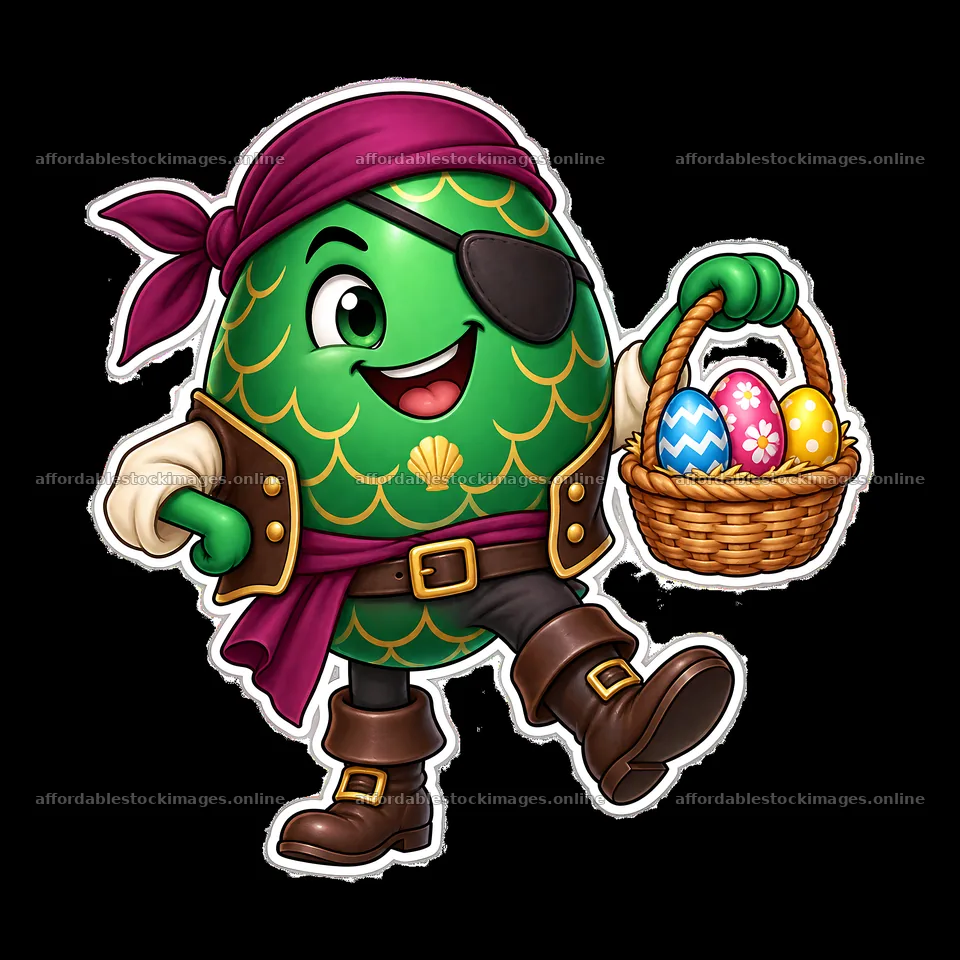 Pirate egg character with a basket of colorful Easter eggs – stock images 7746x7746