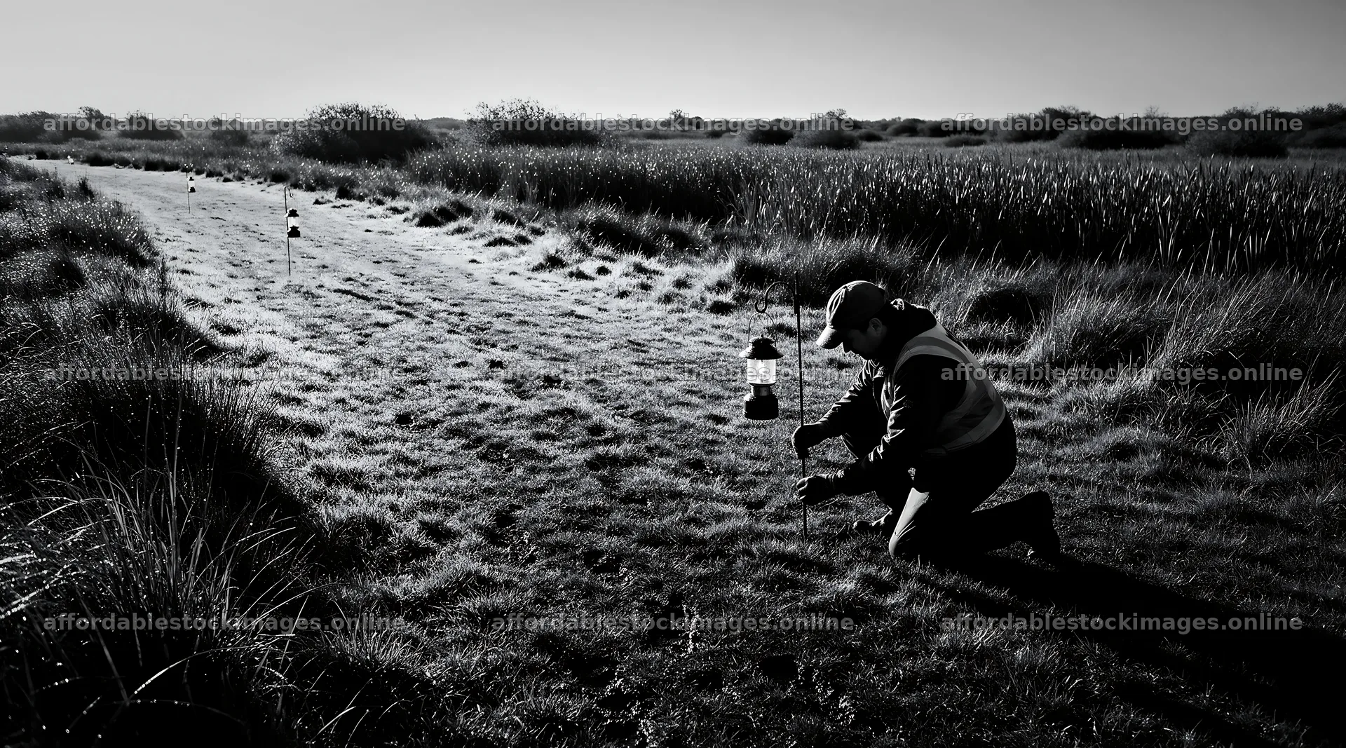 Lantern path in meadow with person setting up equipment – stock images 10648x5916
