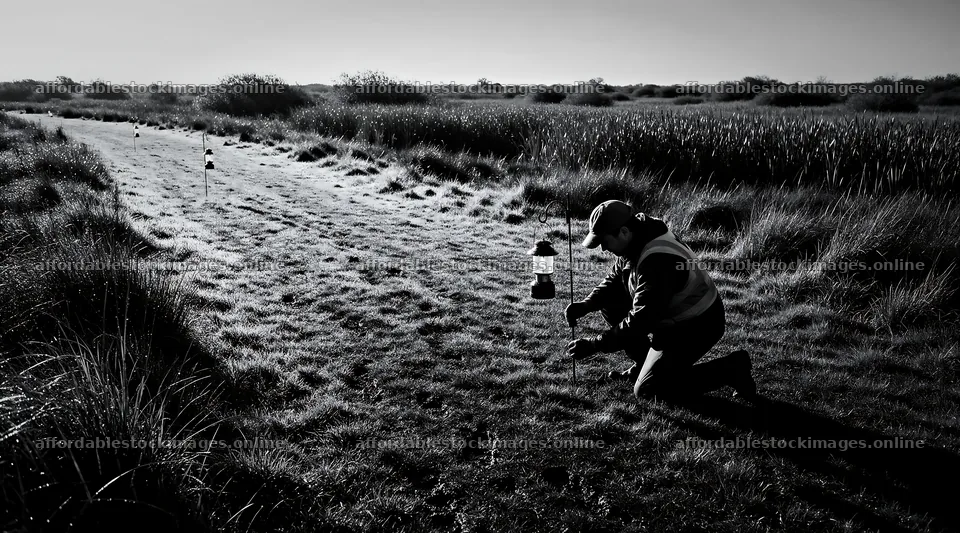 Lantern path in meadow with person setting up equipment – stock images 10648x5916