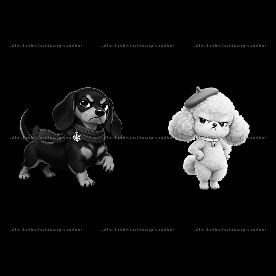 Kawaii grumpy dog characters in black and white design – stock images 7746x7746