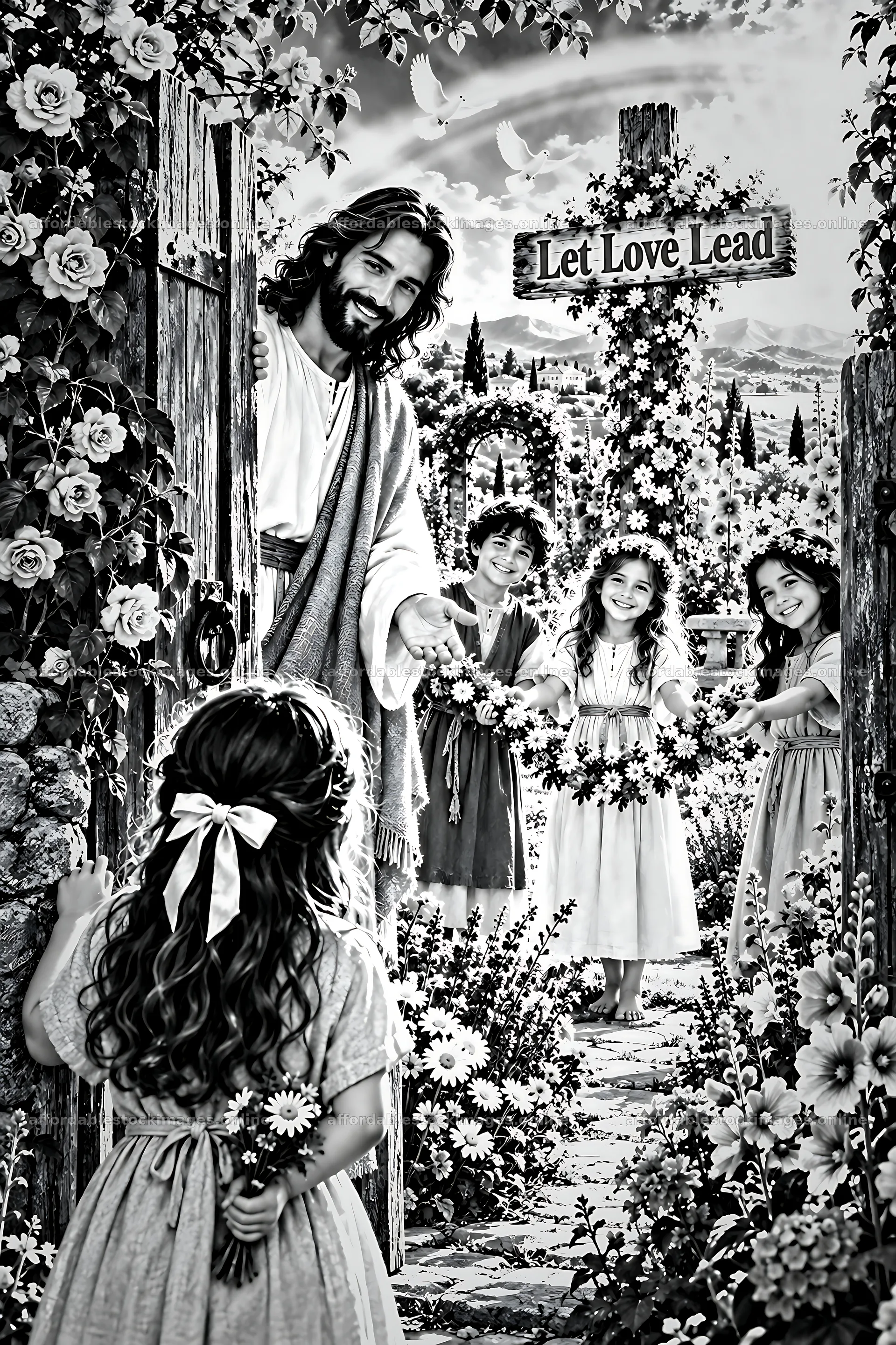 Children welcome a figure at the garden gate – stock images 6480x9722