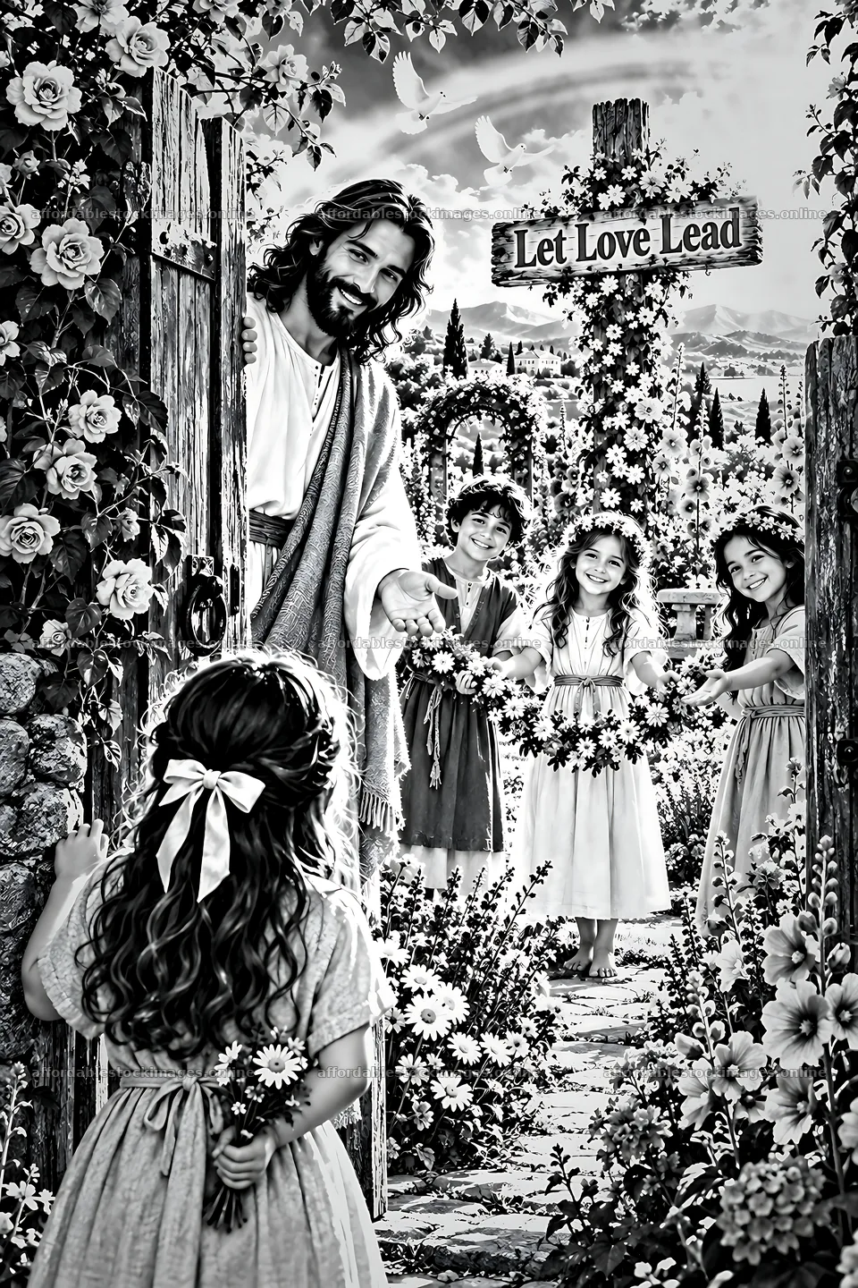 Children welcome a figure at the garden gate – stock images 6480x9722