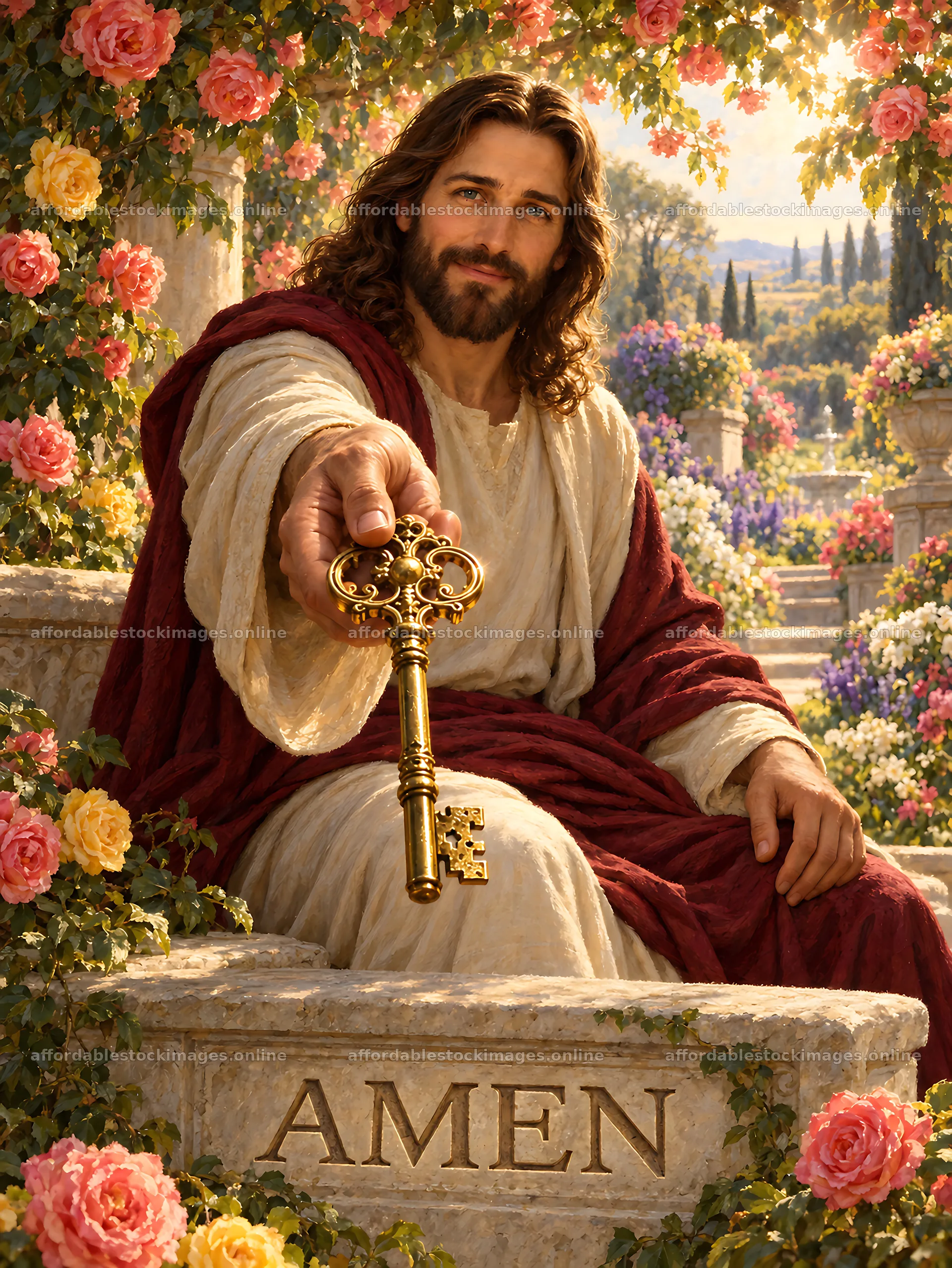 Jesus holding a key in a floral garden setting – stock images 6880x9158