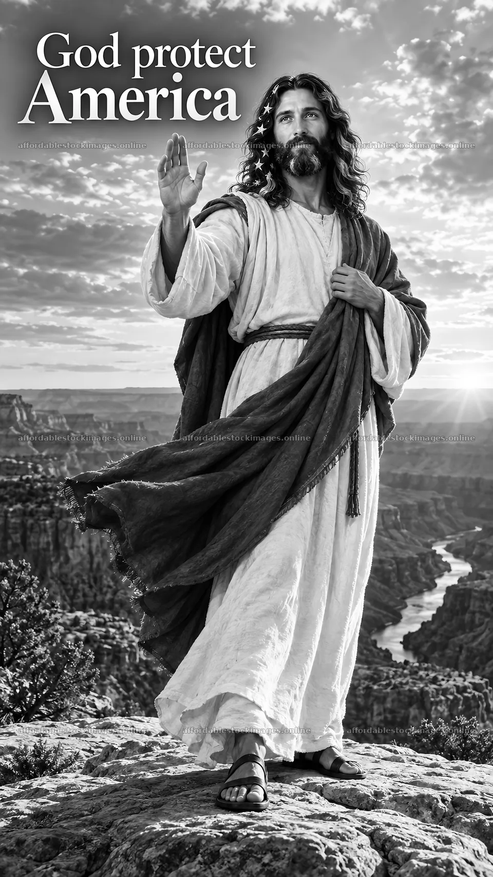 Jesus Christ overlooking a landscape with a hand raised – stock images 5811x10326
