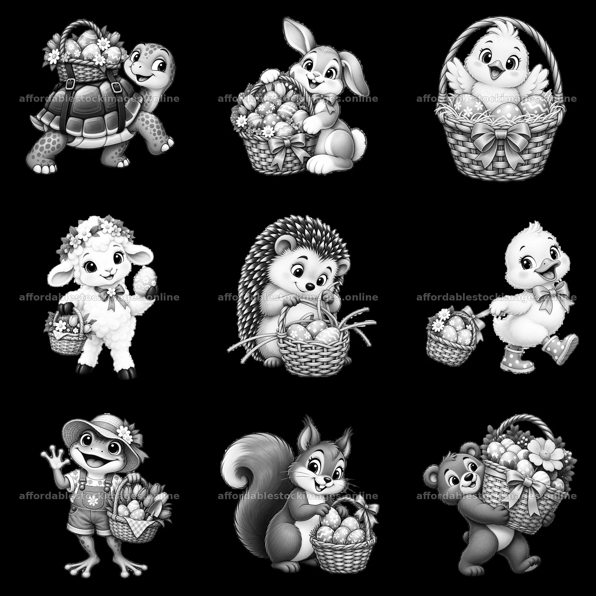 Easter themed black-and-white cartoon animals with baskets – stock images 7746x7746