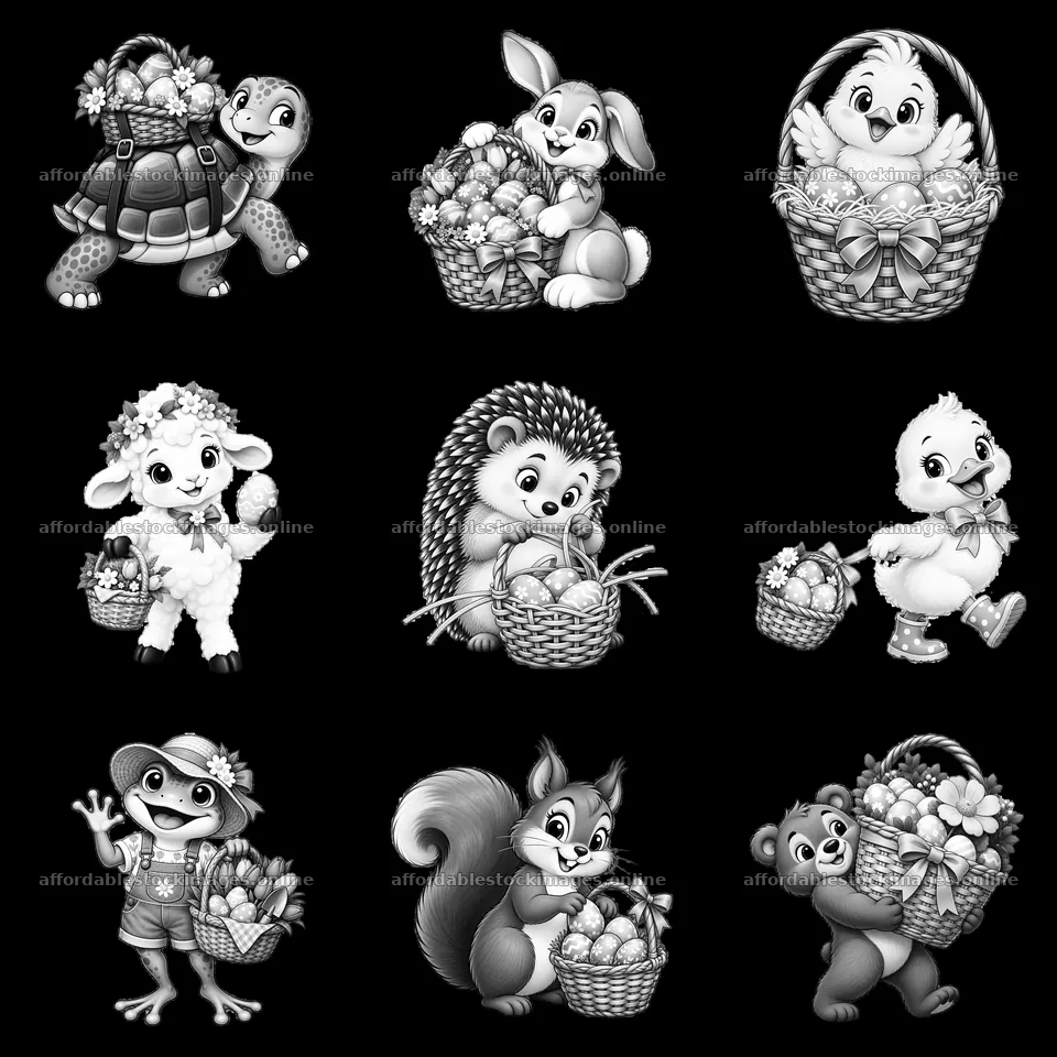 Easter themed black-and-white cartoon animals with baskets – stock images 7746x7746