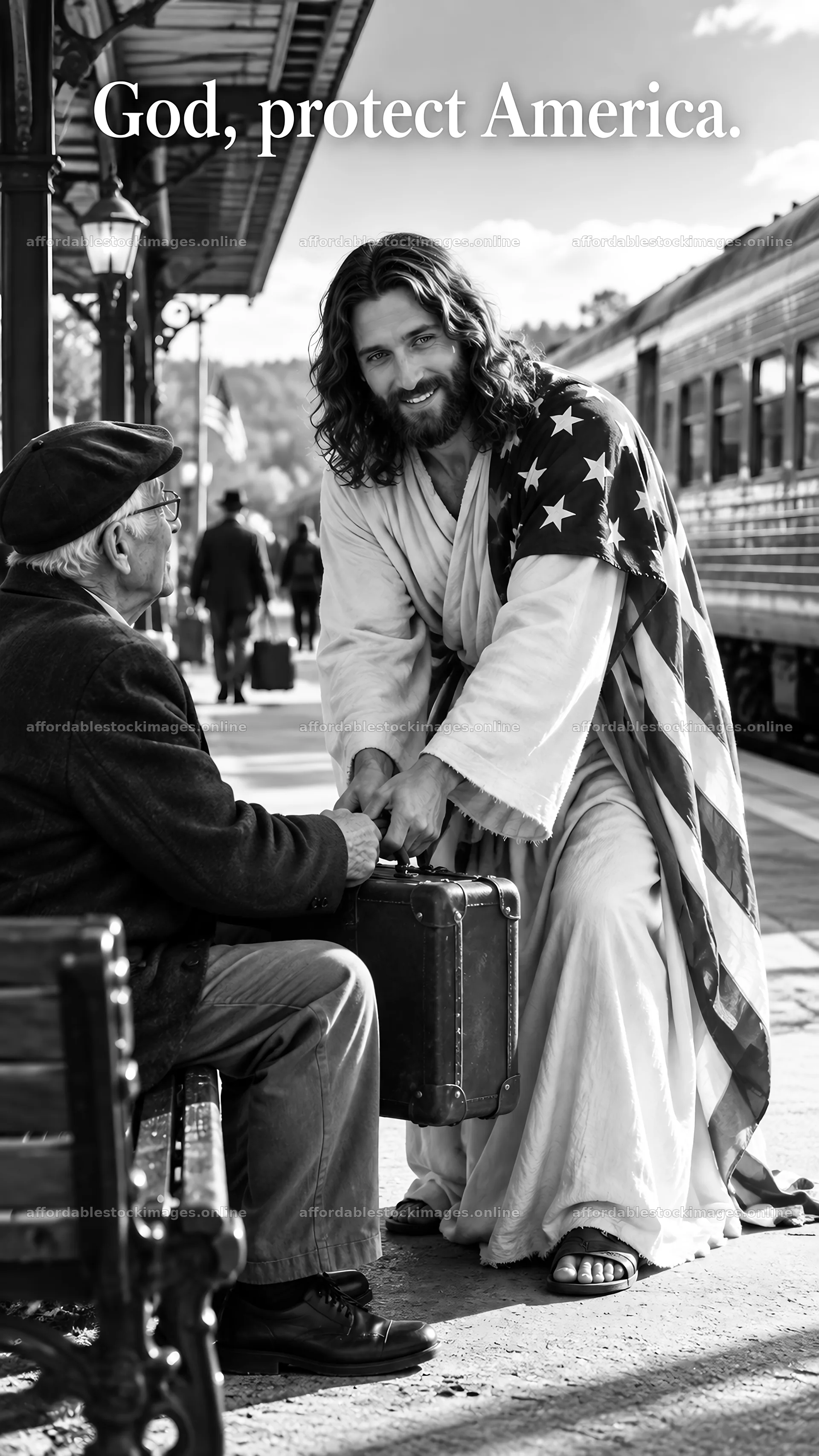 Jesus Christ comforting a traveler at the train station – stock images 5811x10326