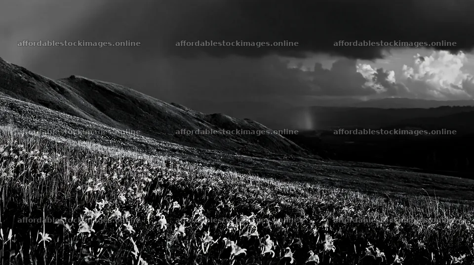 Kirigamine highland daylily meadow under dark stormy sky – stock images 10608x5938