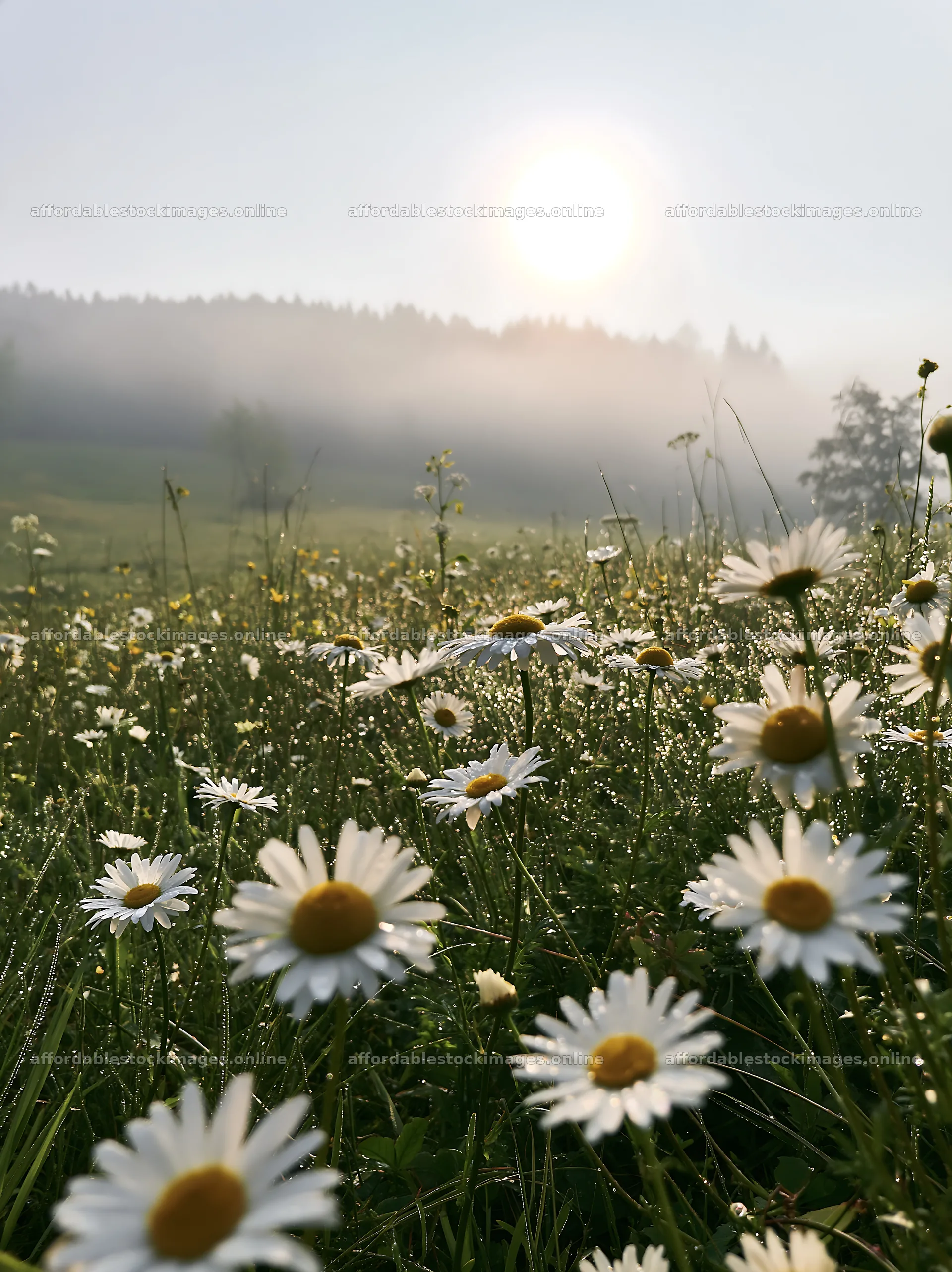 Colorful daisy meadow under a rising sun in the morning fog – stock images 6866x9174
