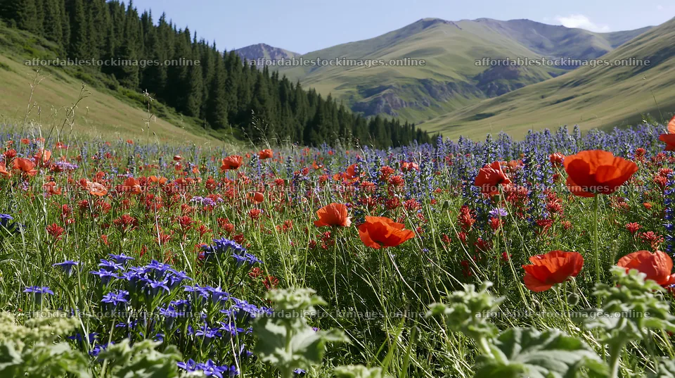 Poppy and larkspur meadow in a valley with mountains – stock images 10608x5938