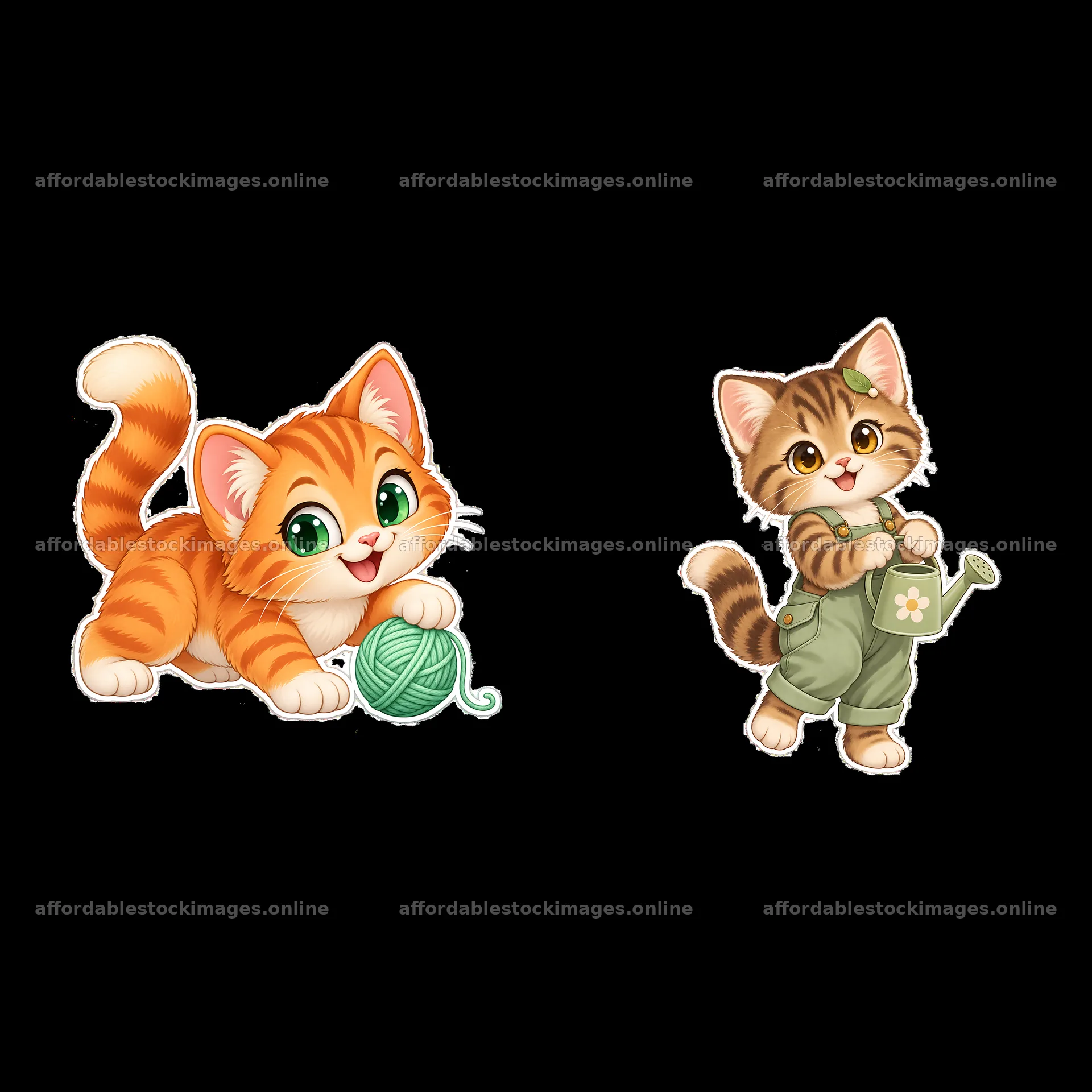 Kawaii cats with yarn and watering can in playful poses – stock images 7746x7746