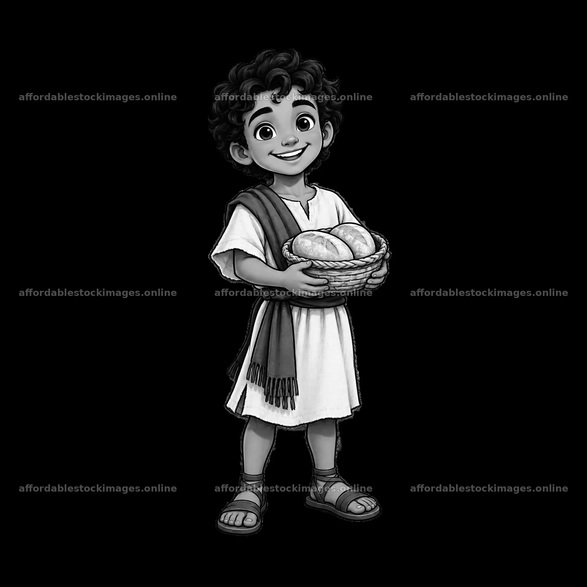 Boy holding basket of bread in biblical setting – stock images 7746x7746