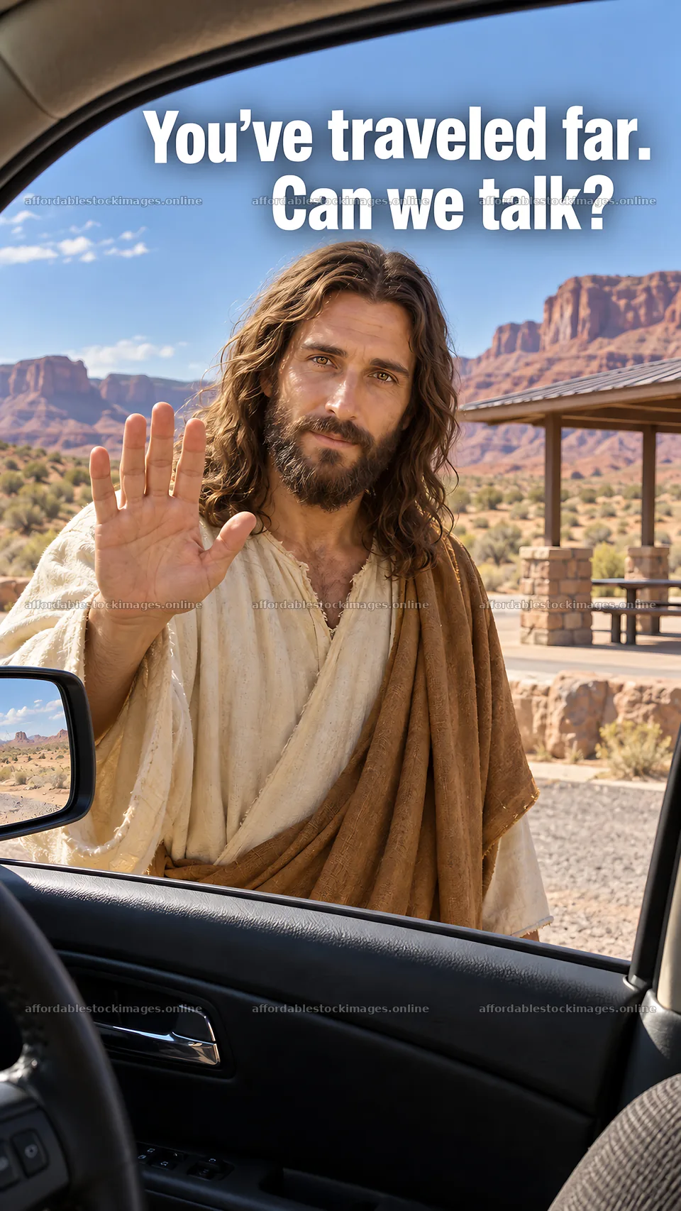 Jesus Christ welcomes a traveler for a conversation – stock images 5811x10326