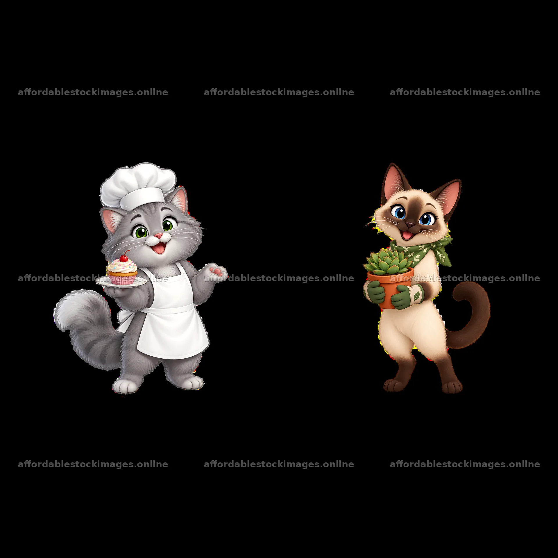 Cute cartoon cats as a chef and a gardener – stock images 7746x7746