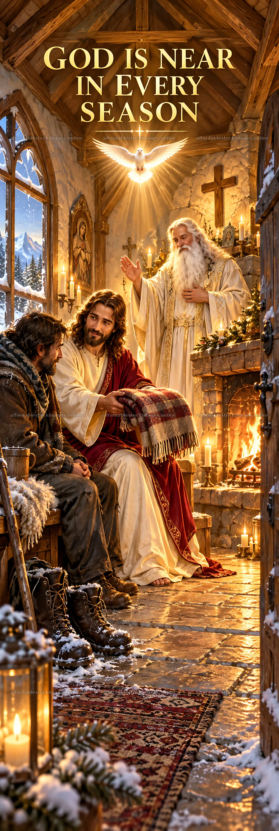 Jesus Christ comforting two travelers in a warm cabin – stock images 4490x13365