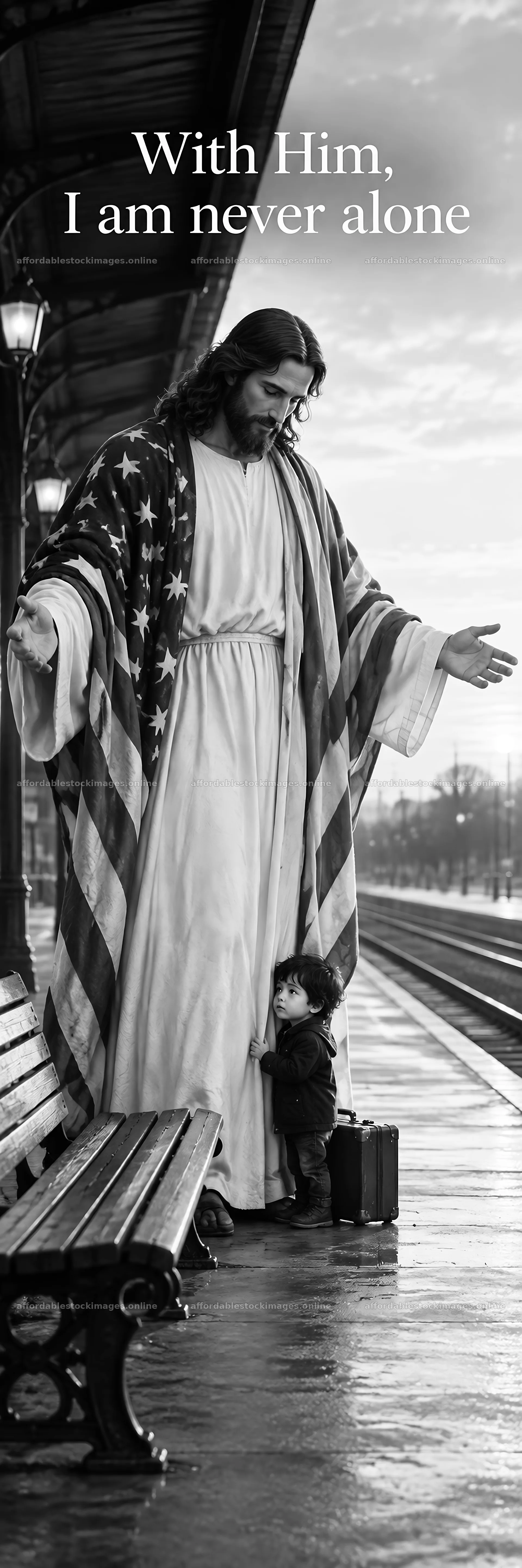 Jesus Christ standing with a child at a train station – stock images 4472x13417
