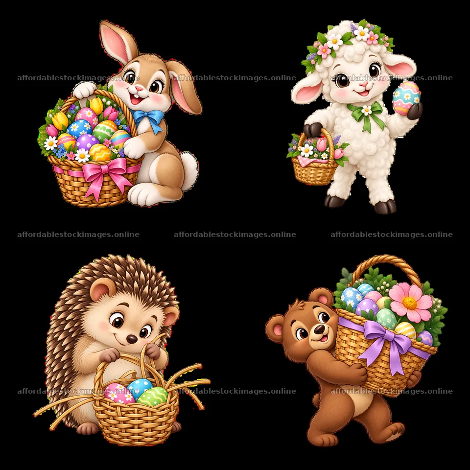 Easter basket with bunny, lamb, hedgehog, and bear characters – stock images 7746x7746