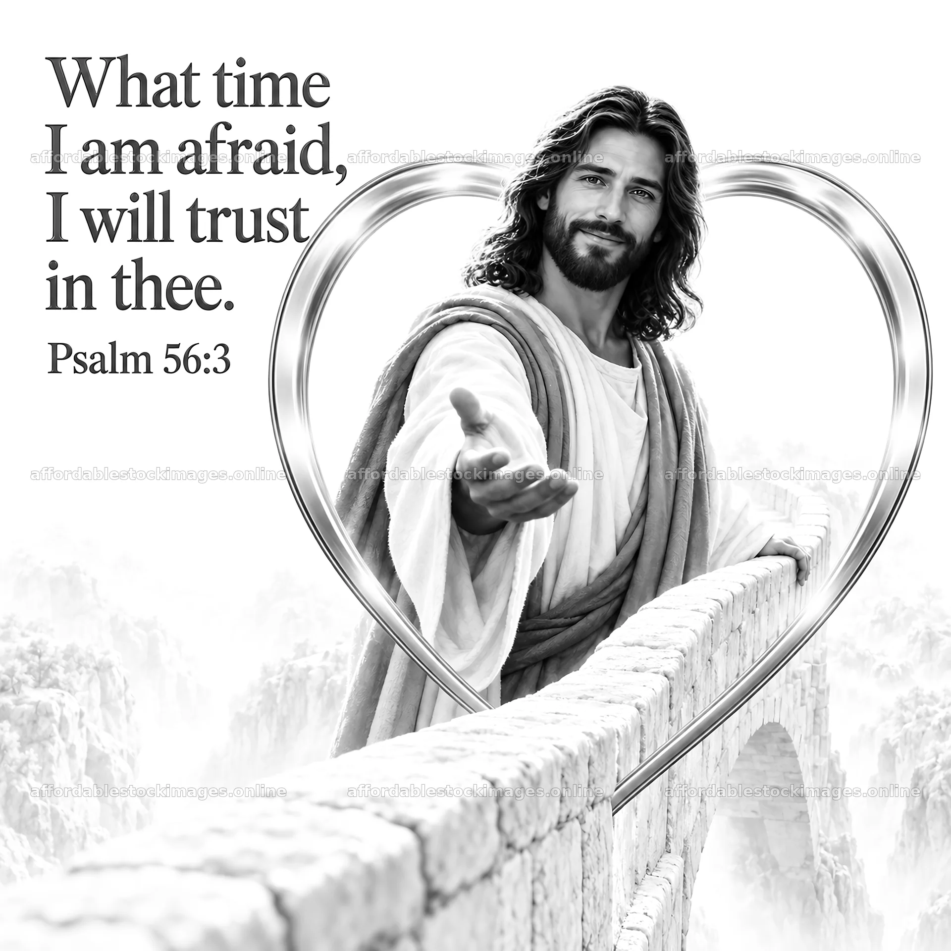 Jesus Christ reaching out with love on a bridge – stock images 7746x7746