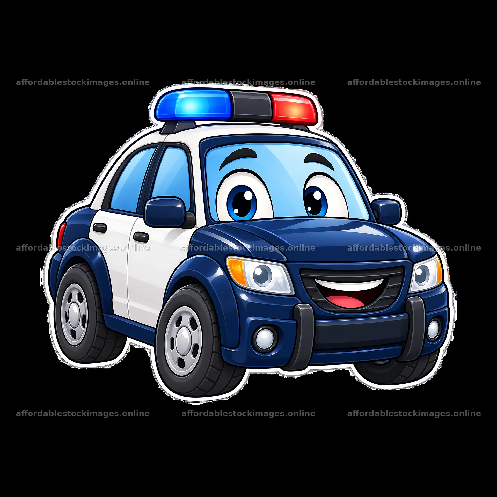 Cartoon police car with blue and red lights and happy face – stock images 7746x7746