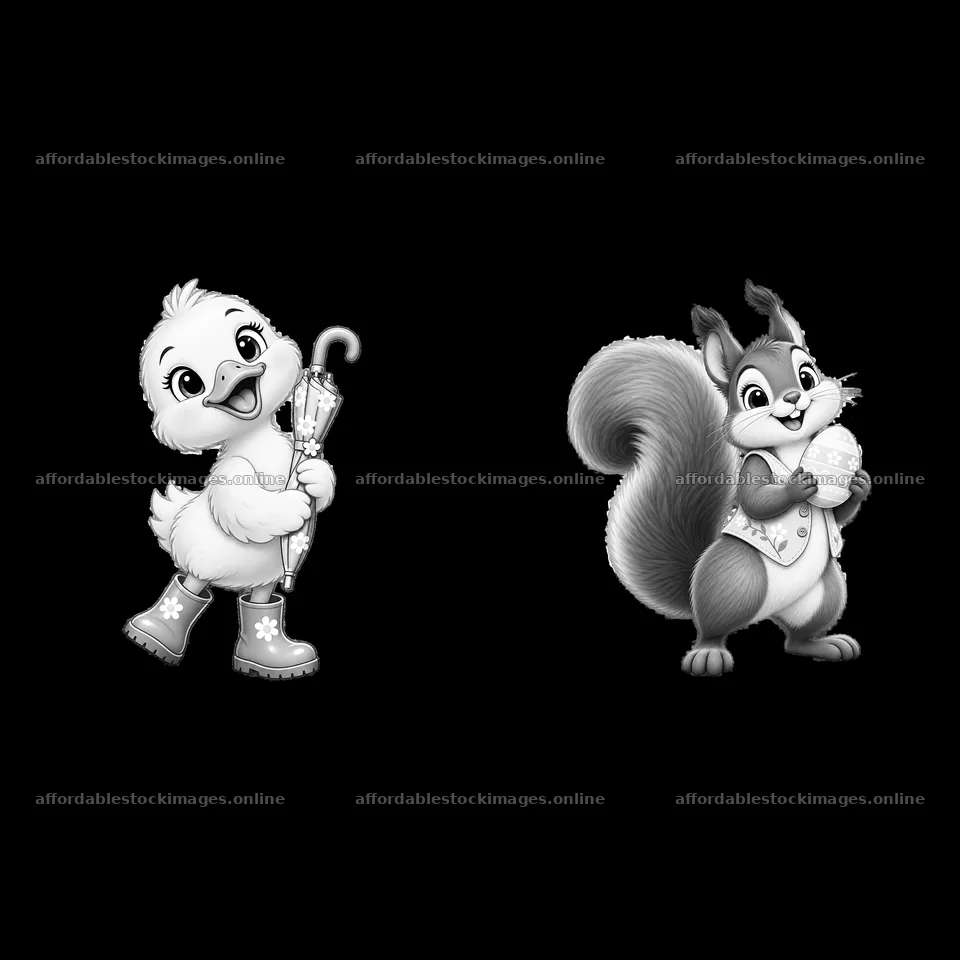 Cute duckling with umbrella and playful squirrel holding ice – stock images 7746x7746