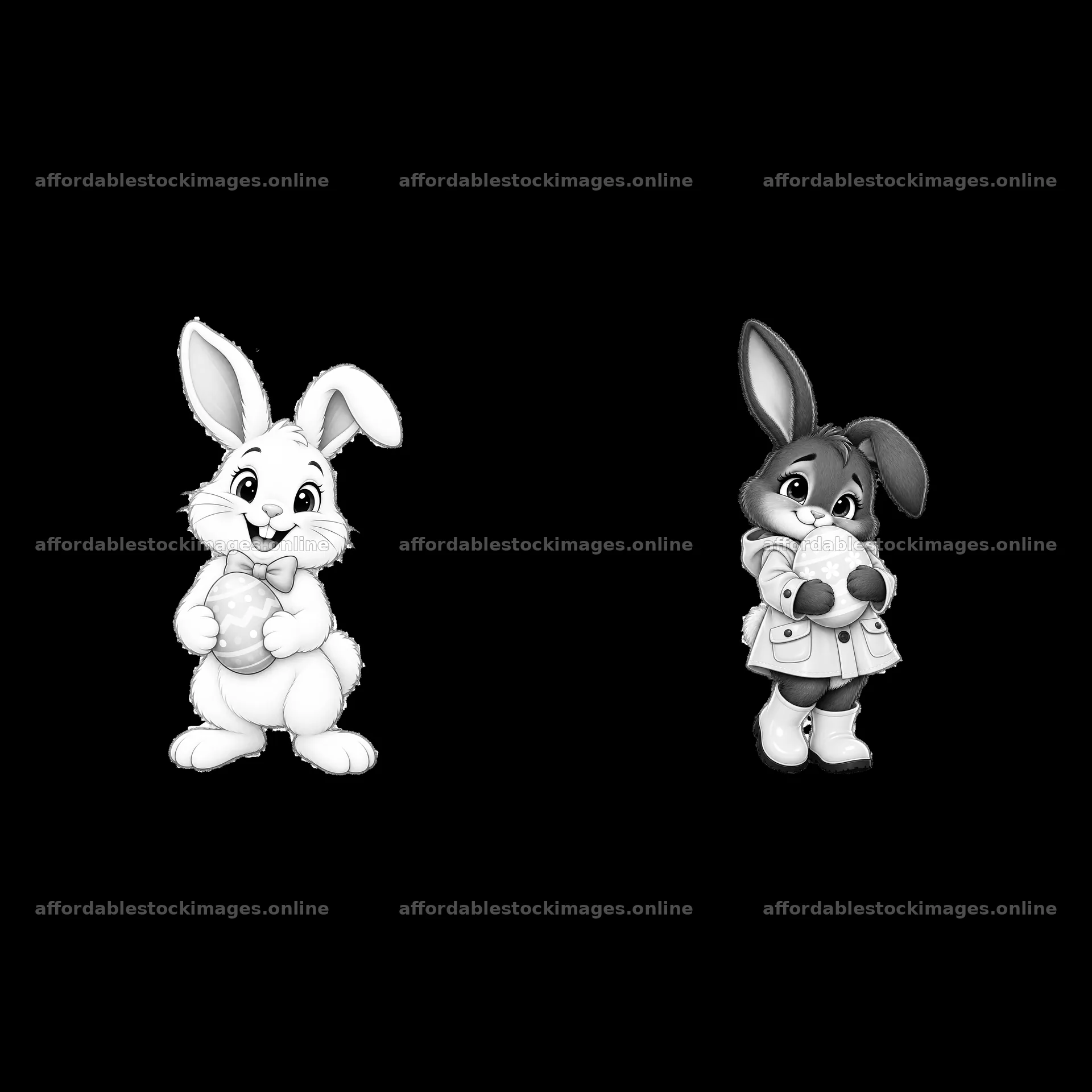 Easter bunny pair with eggs in hands in black and white design – stock images 7746x7746
