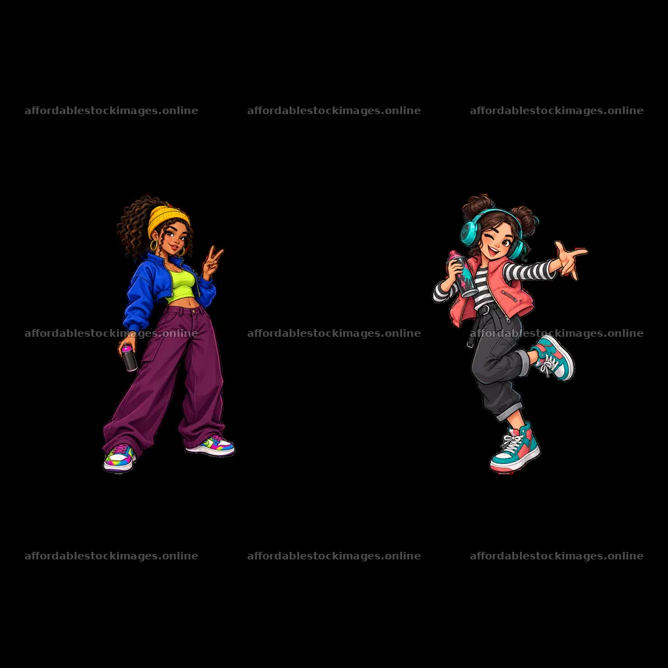 Cartoon girls with spray cans and headphones in urban style – stock images 7746x7746