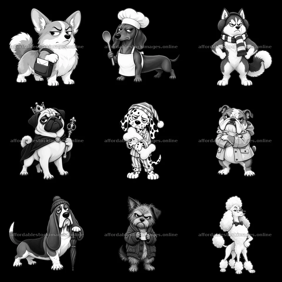 Grumpy dog cartoon stickers with various expressions and – stock images 7746x7746