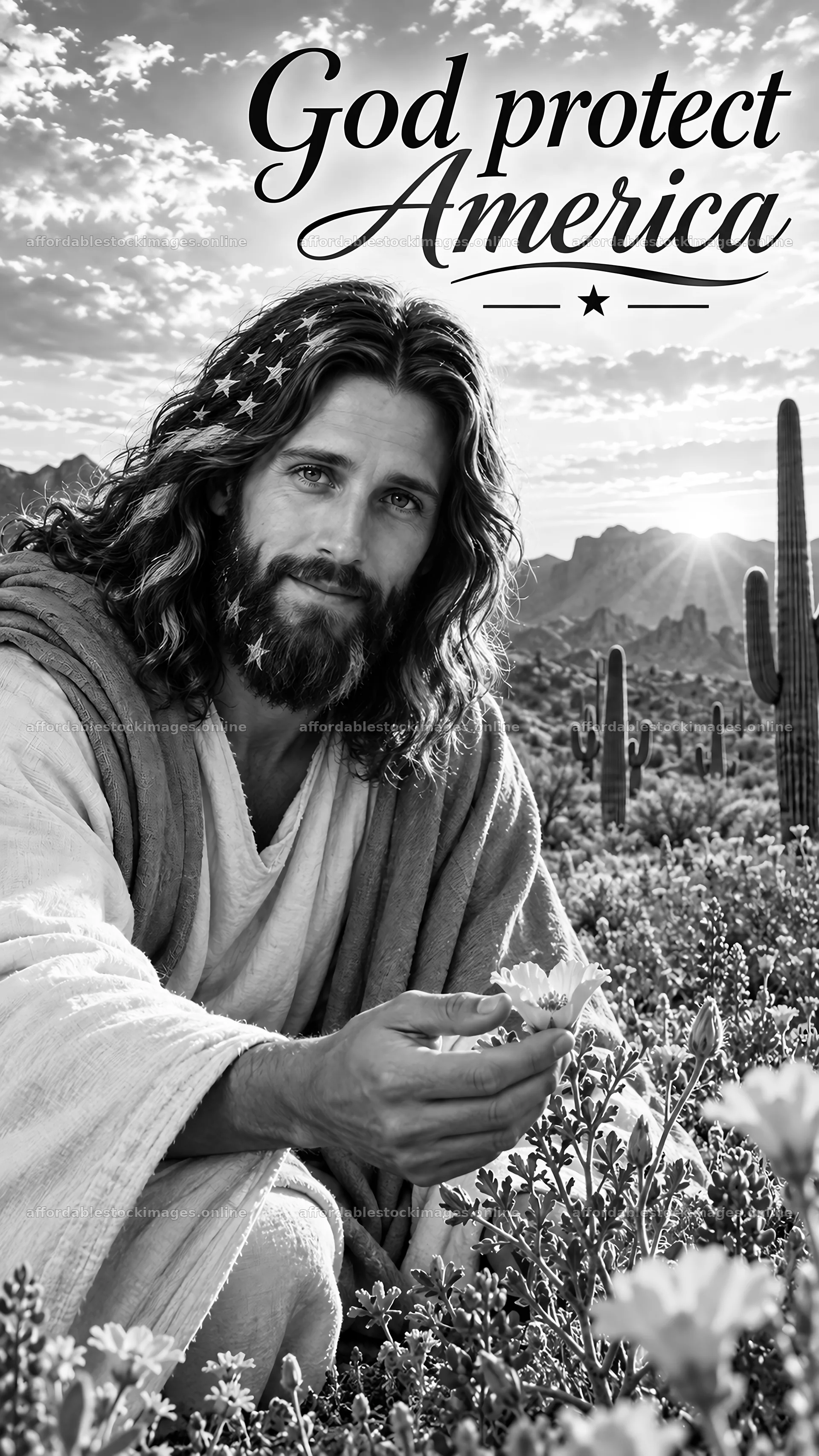 Jesus Christ in a desert landscape holding flowers – stock images 5811x10326