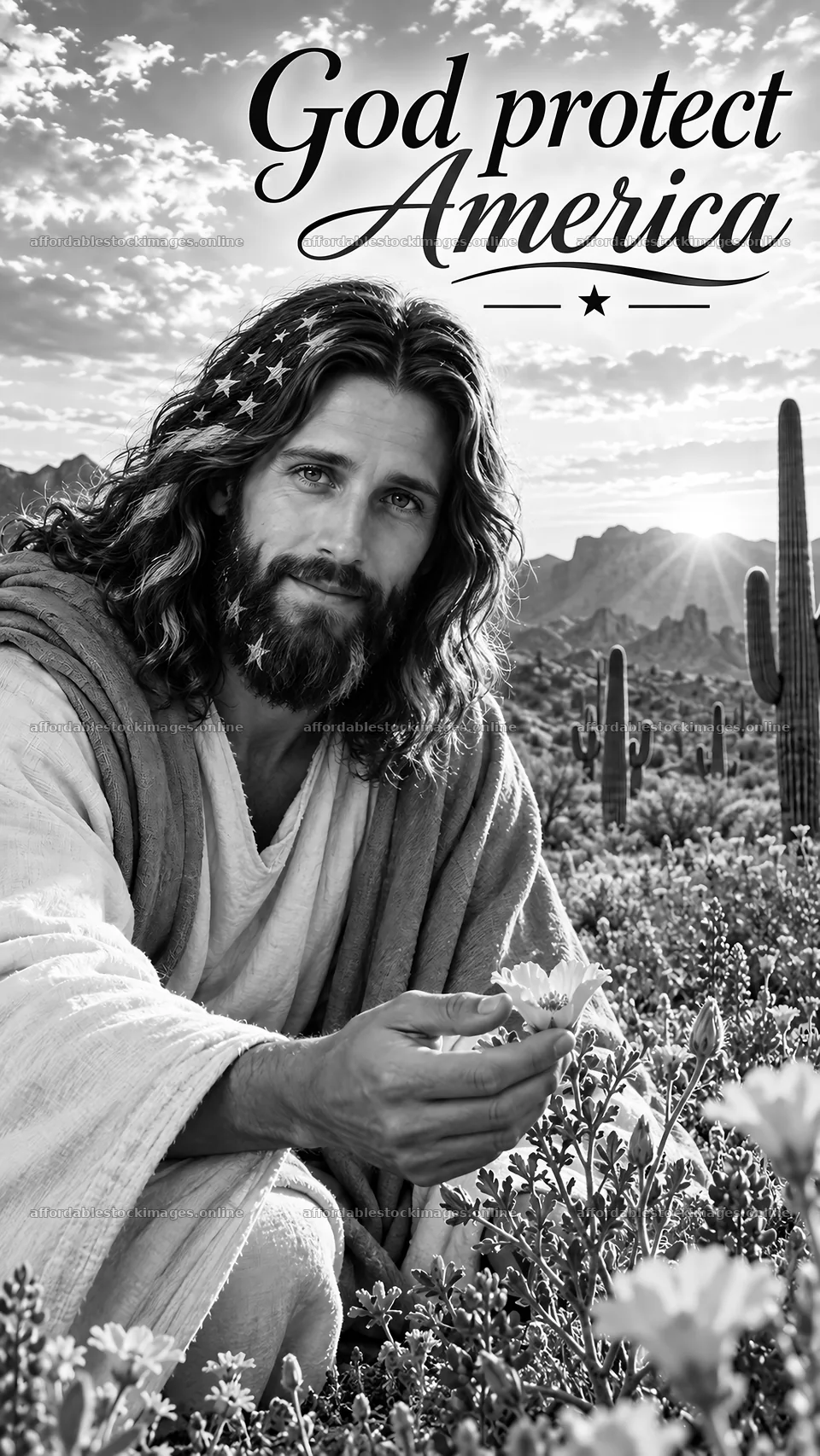 Jesus Christ in a desert landscape holding flowers – stock images 5811x10326