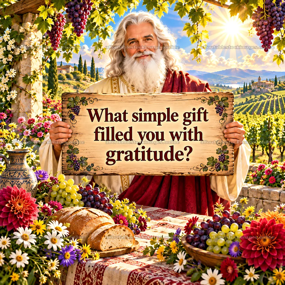 Jesus Christ holding a sign about gratitude in a vineyard – stock images 7746x7746