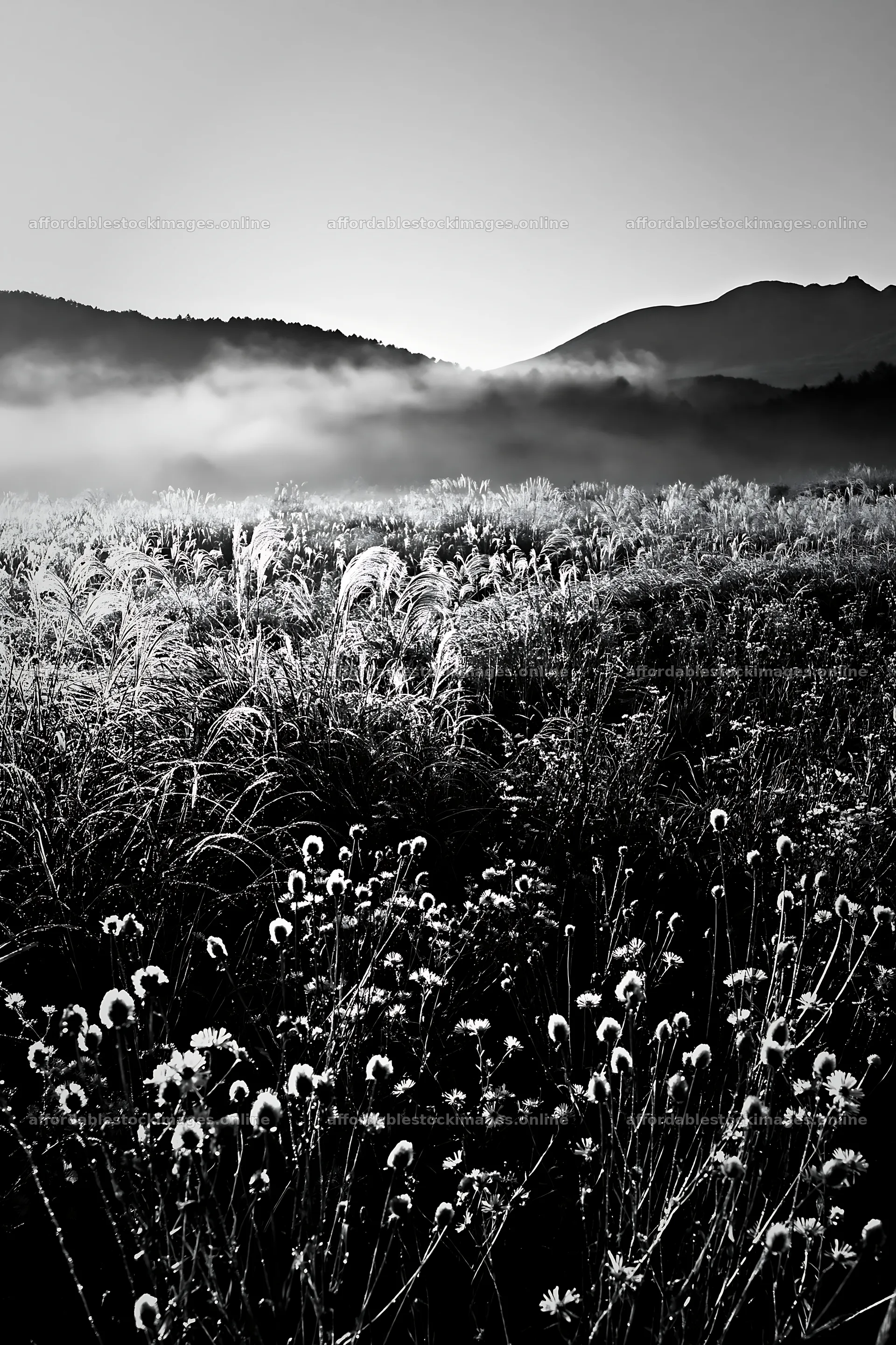 Biodiverse Nagano silver grass meadow dew in morning light – stock images 6480x9722