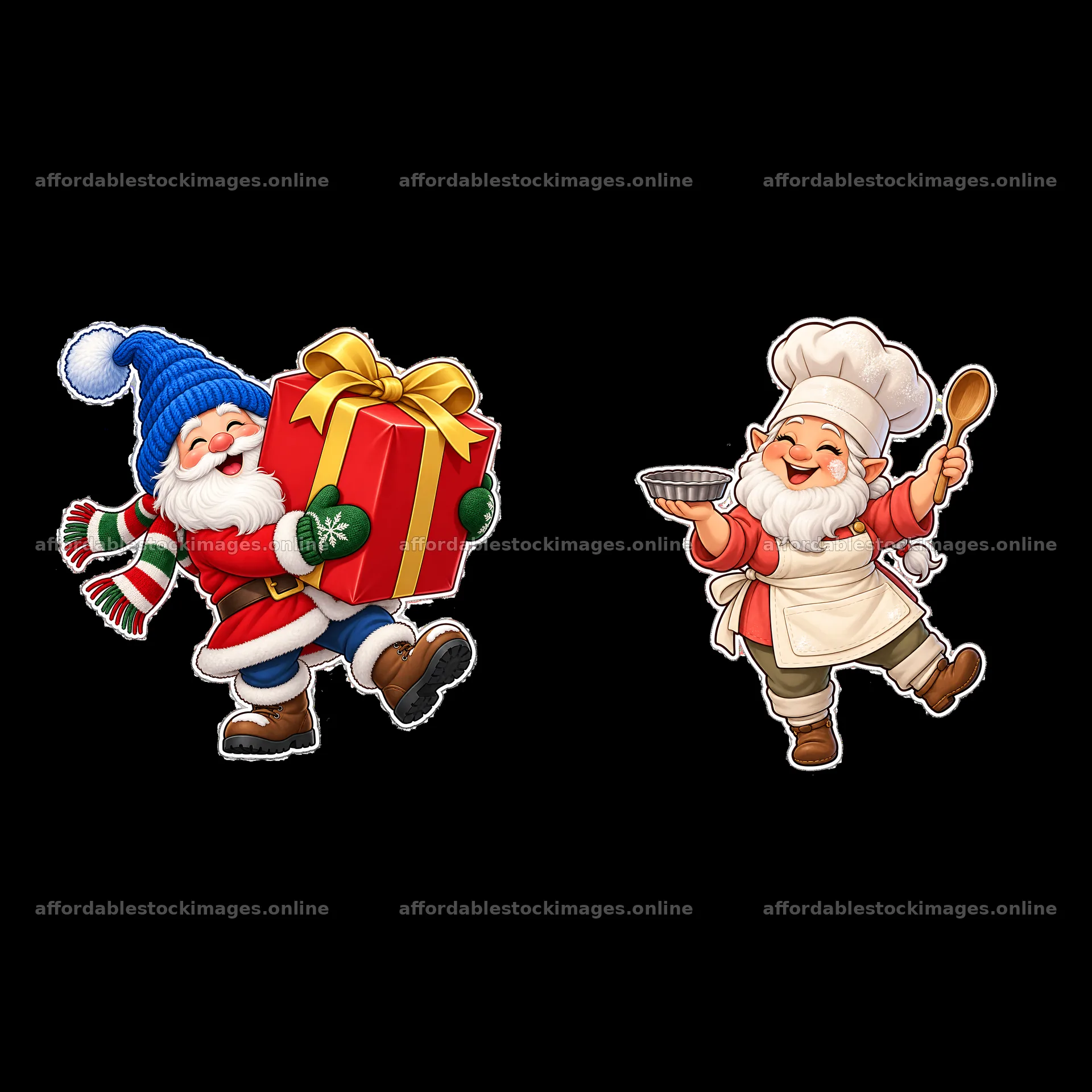 Gnome carrying a gift and gnome cooking with a spoon – stock images 7746x7746