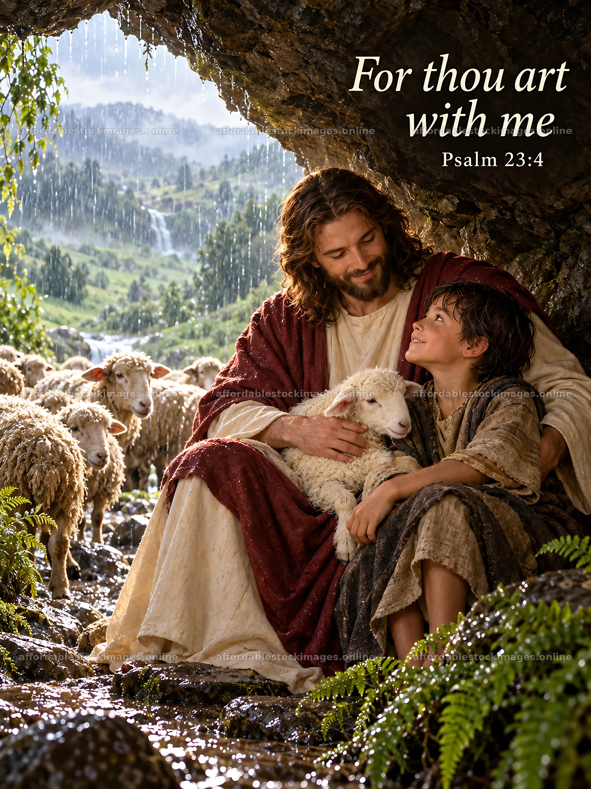 Jesus Christ comforting a child in a pastoral scene – stock images 6708x8945