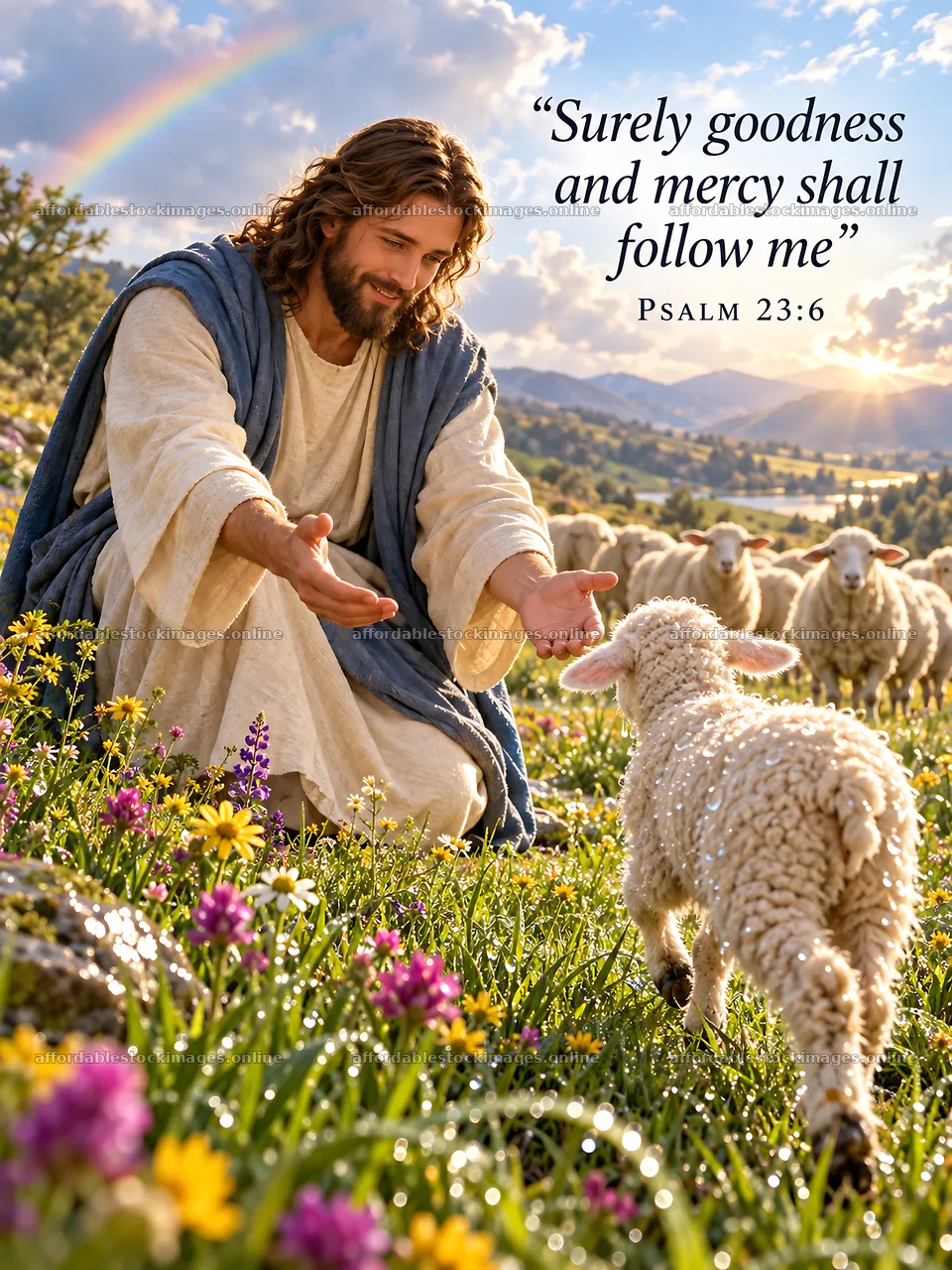 Jesus Christ welcoming a lamb in a green pasture with flowers – stock images 6708x8945