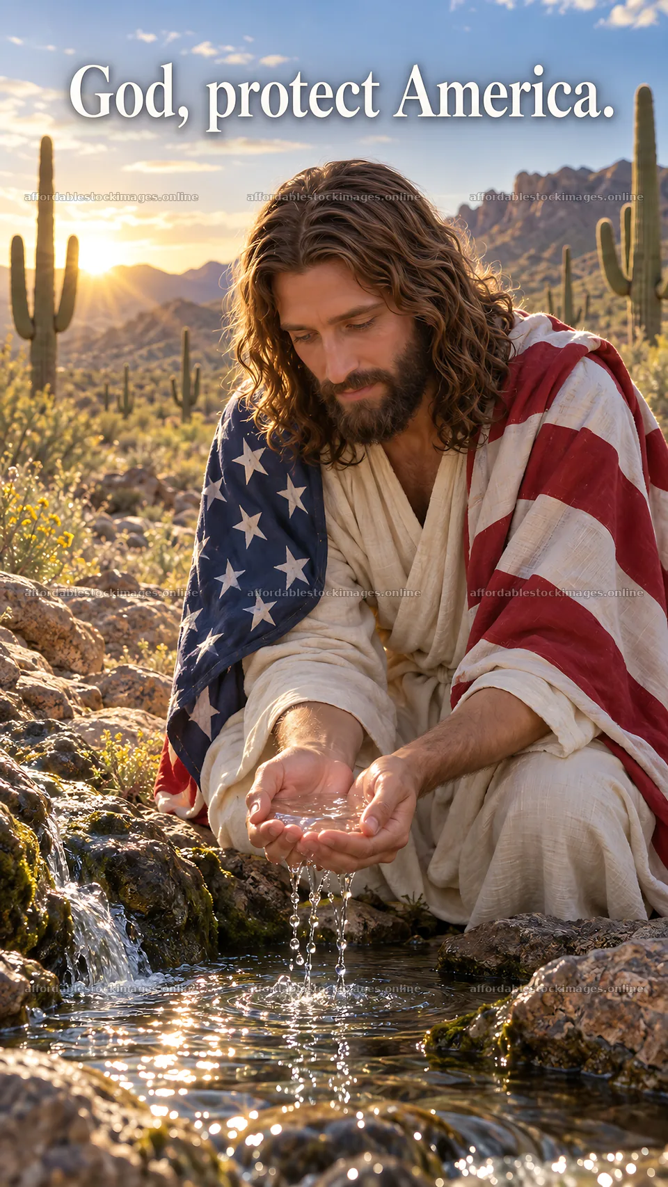 Jesus Christ praying for America in a desert landscape – stock images 5811x10326