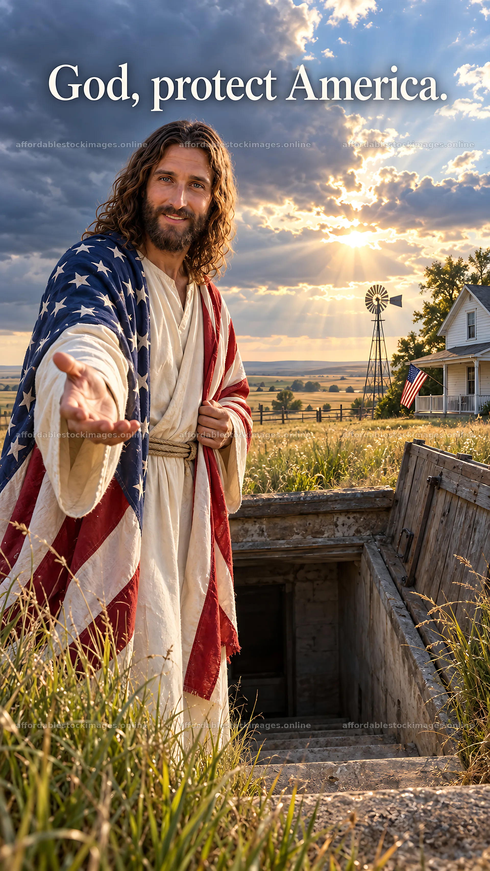 Jesus Christ welcomes with open arms in a rural setting – stock images 5811x10326
