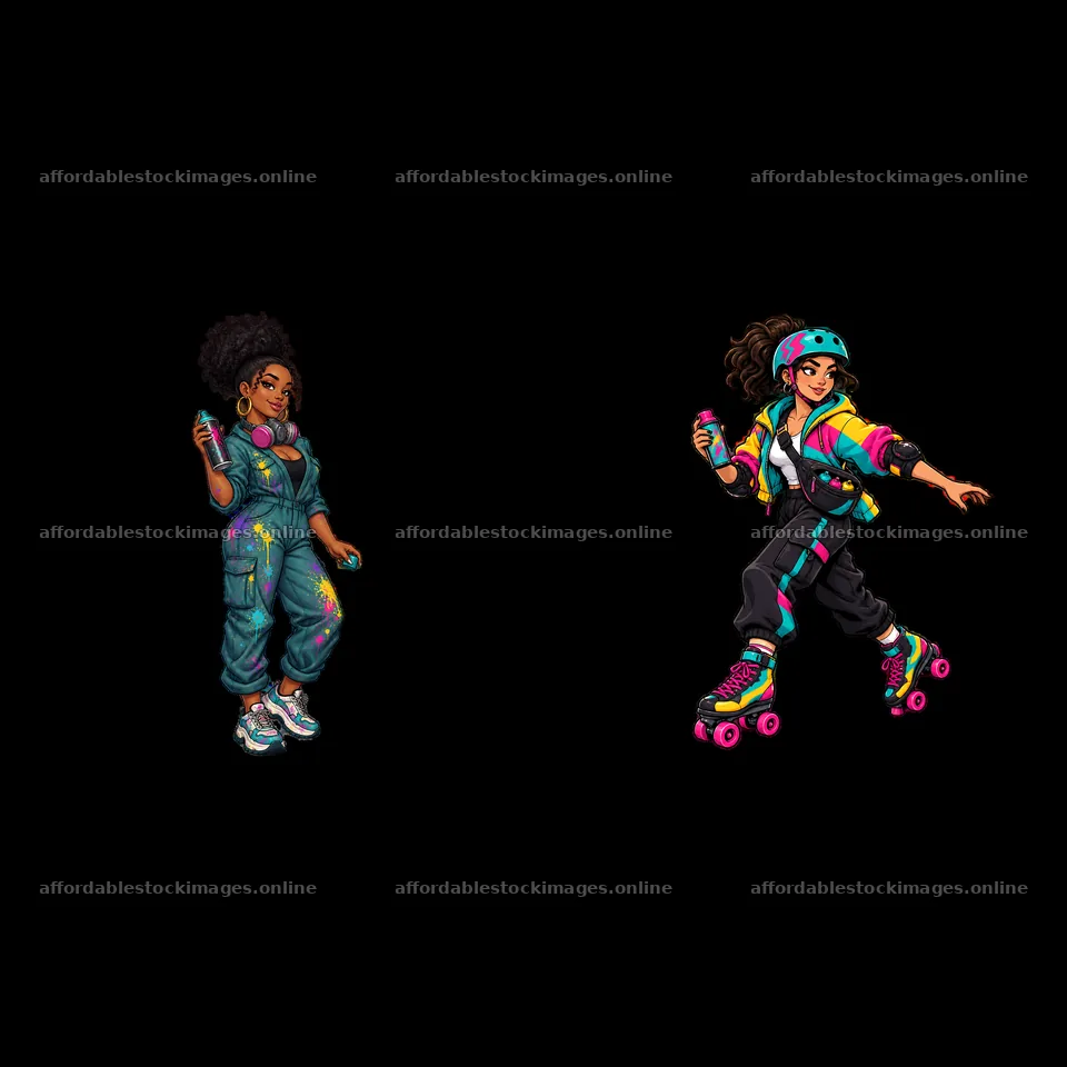 Graffiti sprayers on roller skates and in vibrant outfits – stock images 7746x7746
