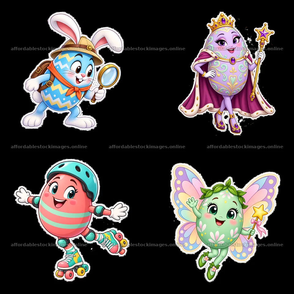 Four cartoon figure stickers in a square arrangement – stock images 7746x7746