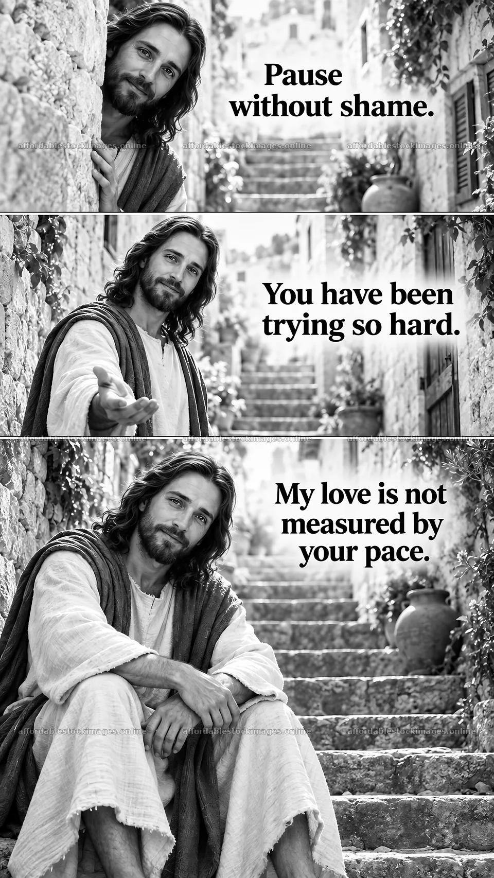 Jesus Christ sharing comfort and encouragement in a narrow alley – stock images 5811x10326