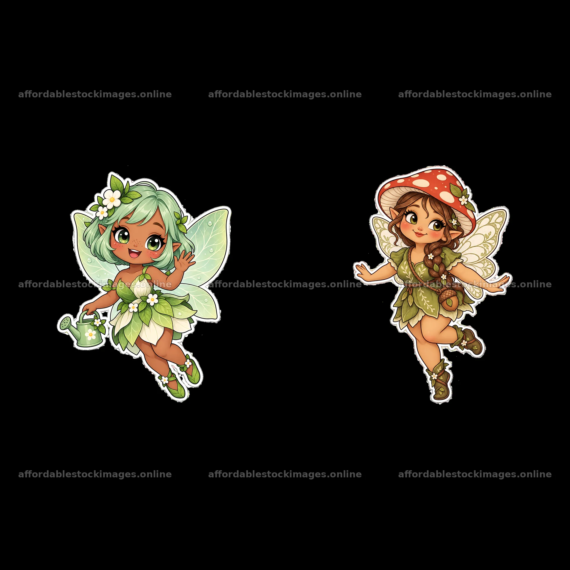 Kawaii chubby fairies with watering can and mushroom hat – stock images 7746x7746