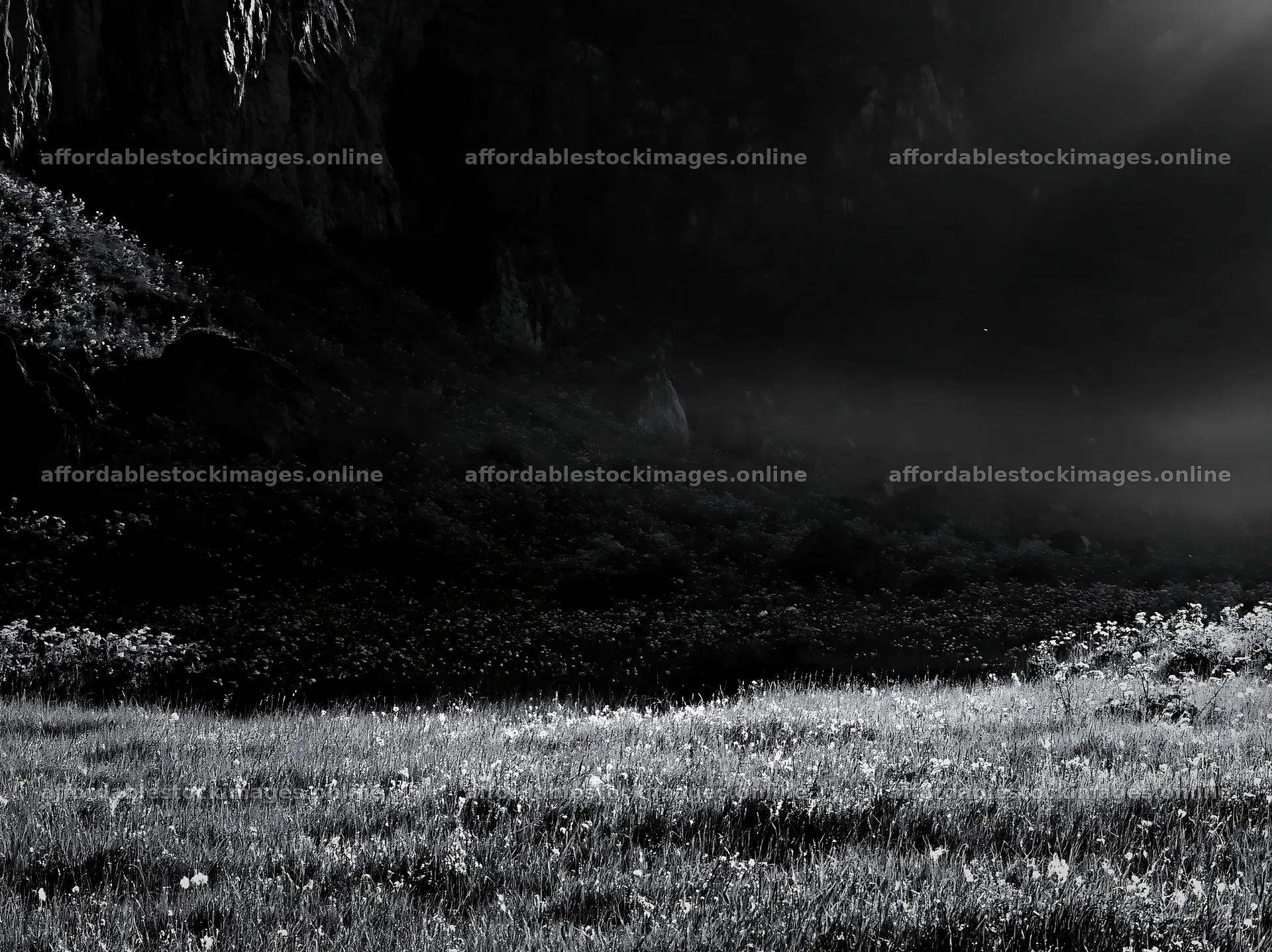 Meadow beneath crags with soft light and green grass – stock images 9174x6866