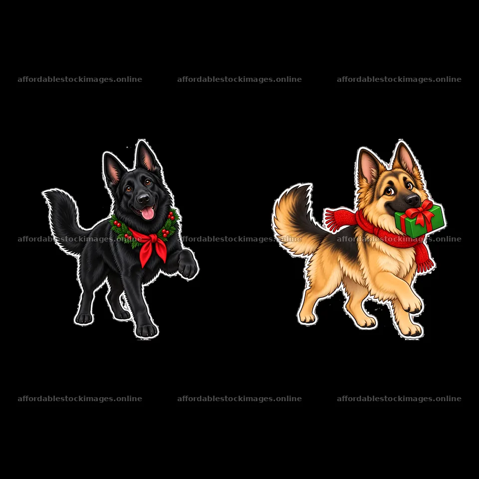 Two Christmas German Shepherd dogs with festive accessories – stock images 7746x7746
